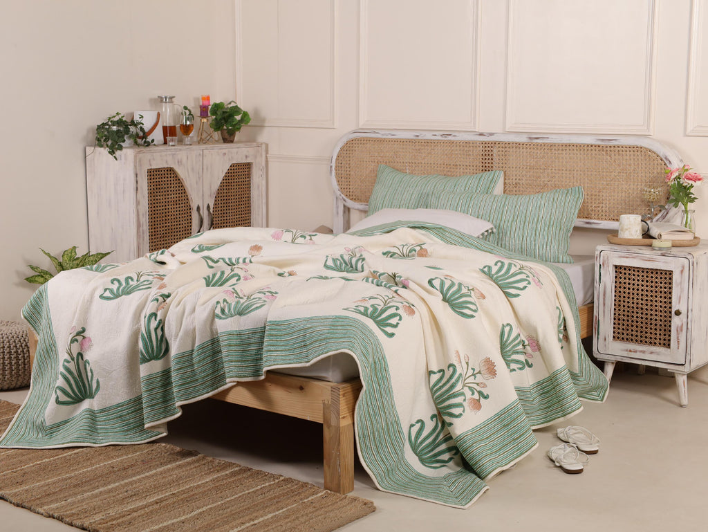 Handmade Jaipur Block Print Duvet Cover - King Size Boho Cotton Bedding Set with Light Green Teal Pink Floral