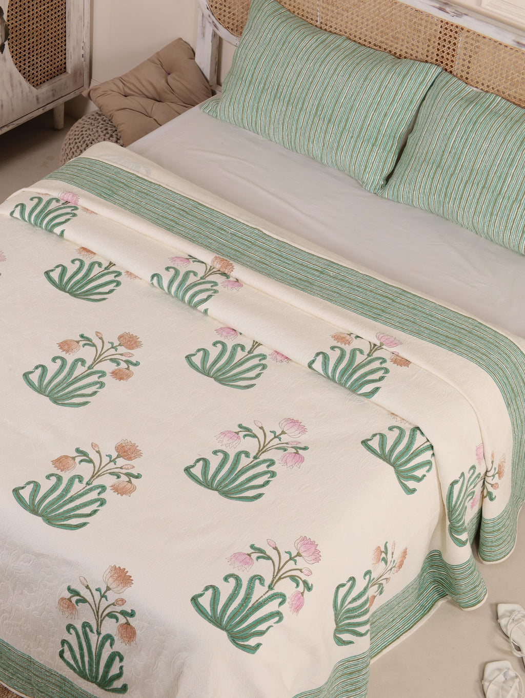 Handmade Jaipur Block Print Duvet Cover - King Size Boho Cotton Bedding Set with Light Green Teal Pink Floral