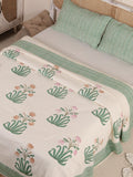 Handmade Jaipur Block Print Duvet Cover - King Size Boho Cotton Bedding Set with Light Green Teal Pink Floral