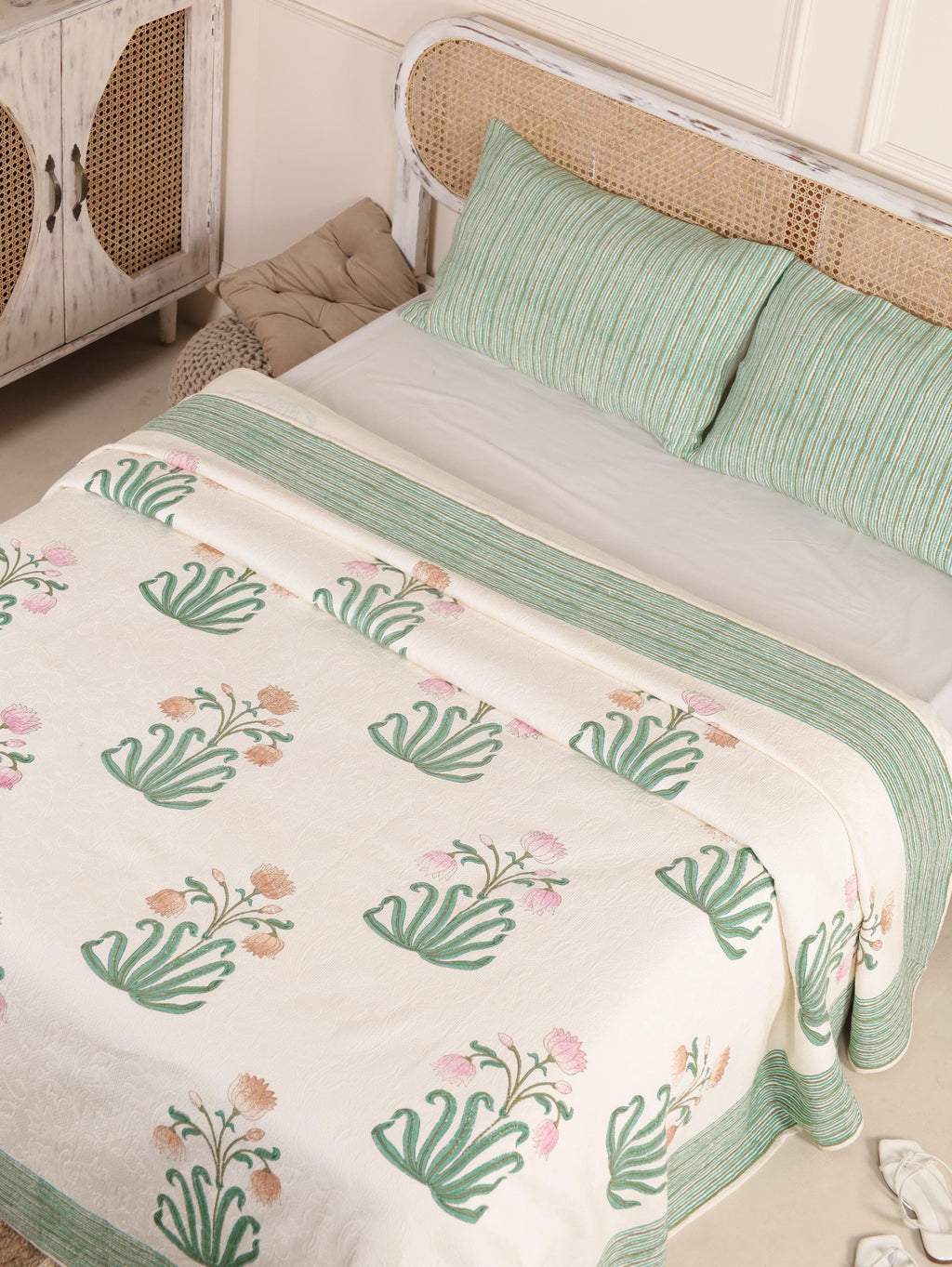 Handmade Jaipur Block Print Duvet Cover - King Size Boho Cotton Bedding Set with Light Green Teal Pink Floral