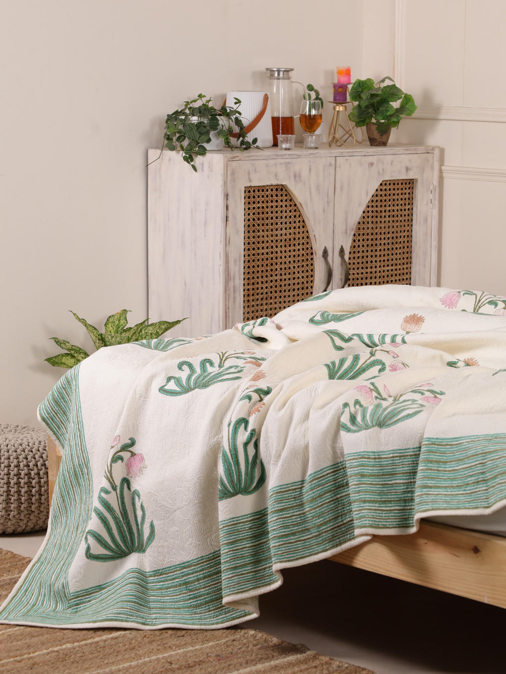 Handmade Jaipur Block Print Duvet Cover - King Size Boho Cotton Bedding Set with Light Green Teal Pink Floral