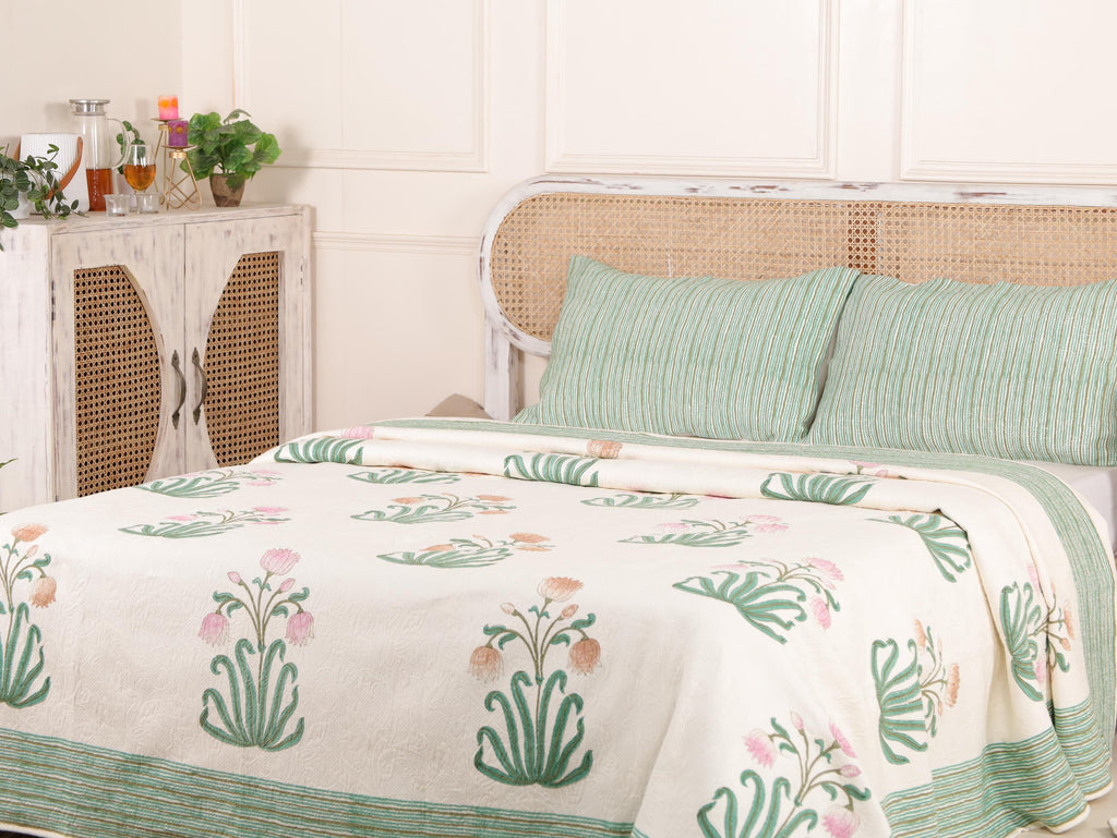 Handmade Jaipur Block Print Duvet Cover - King Size Boho Cotton Bedding Set with Light Green Teal Pink Floral