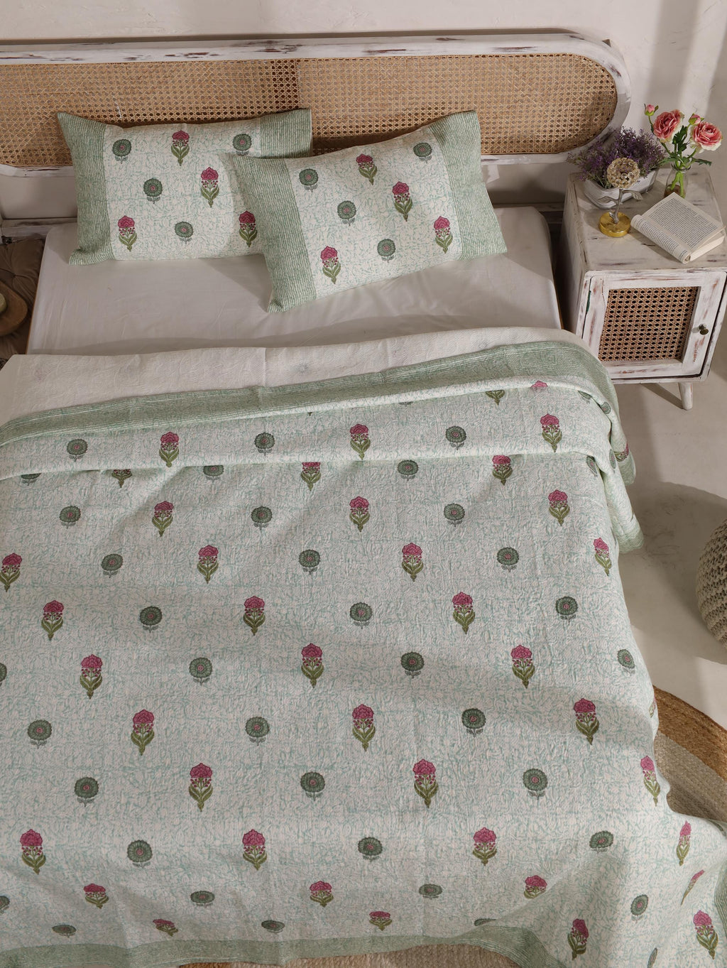 Handmade Jaipur Block Print Duvet Cover - King Size Boho Cotton Bedding with Green Mint Floral