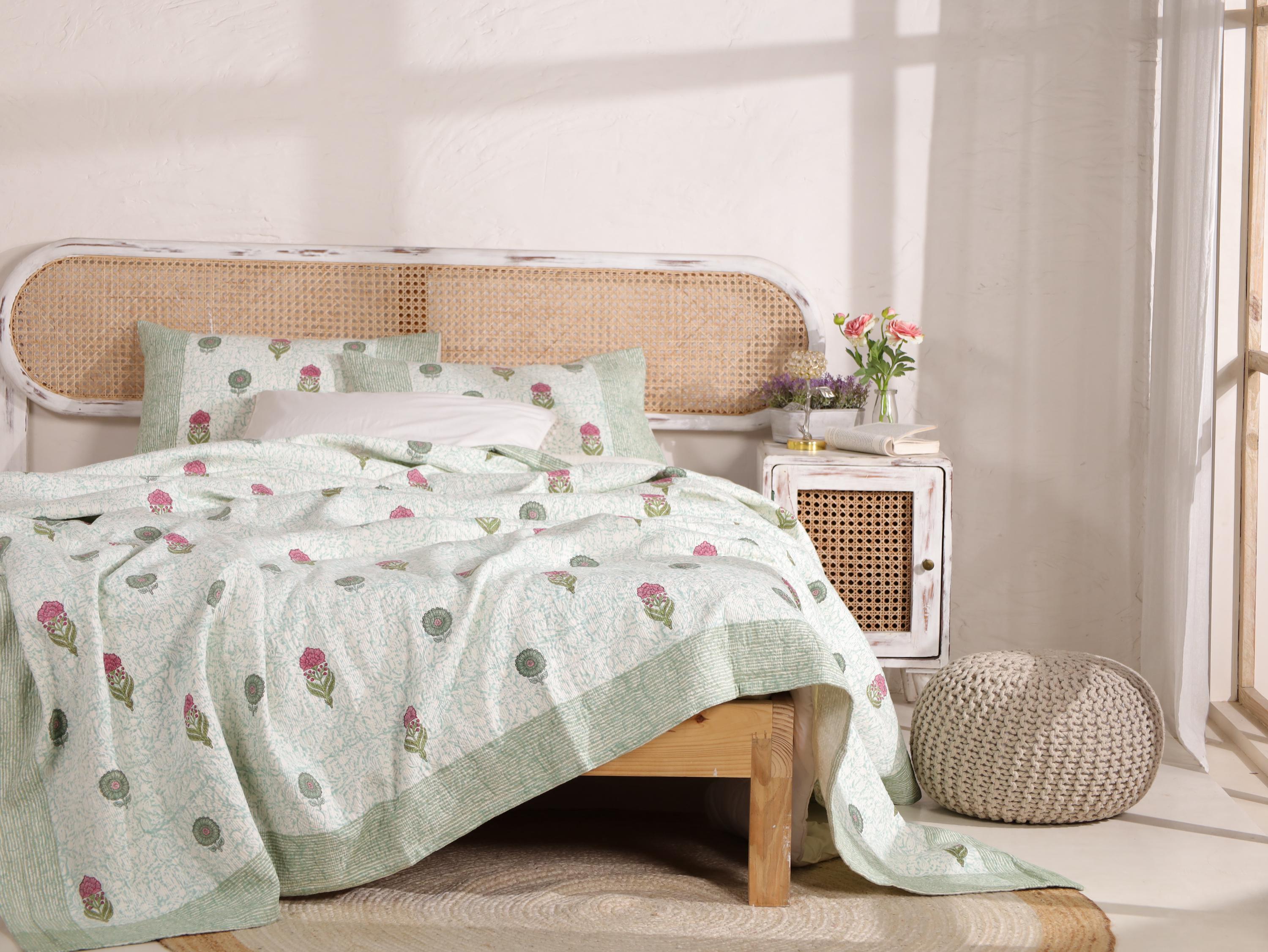 Handmade Jaipur Block Print Duvet Cover - King Size Boho Cotton Bedding with Green Mint Floral
