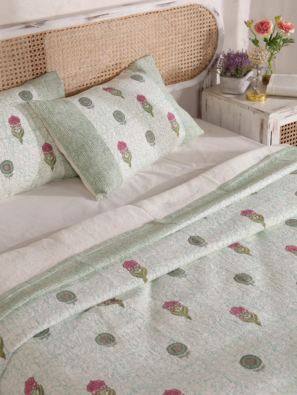 Handmade Jaipur Block Print Duvet Cover - King Size Boho Cotton Bedding with Green Mint Floral