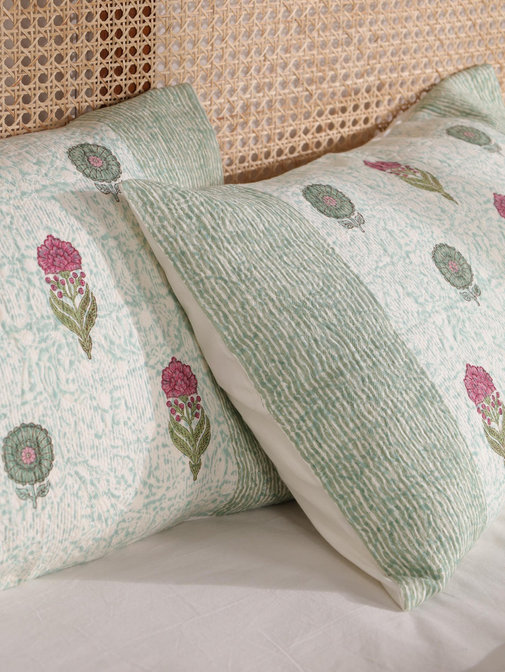 Handmade Jaipur Block Print Duvet Cover - King Size Boho Cotton Bedding with Green Mint Floral