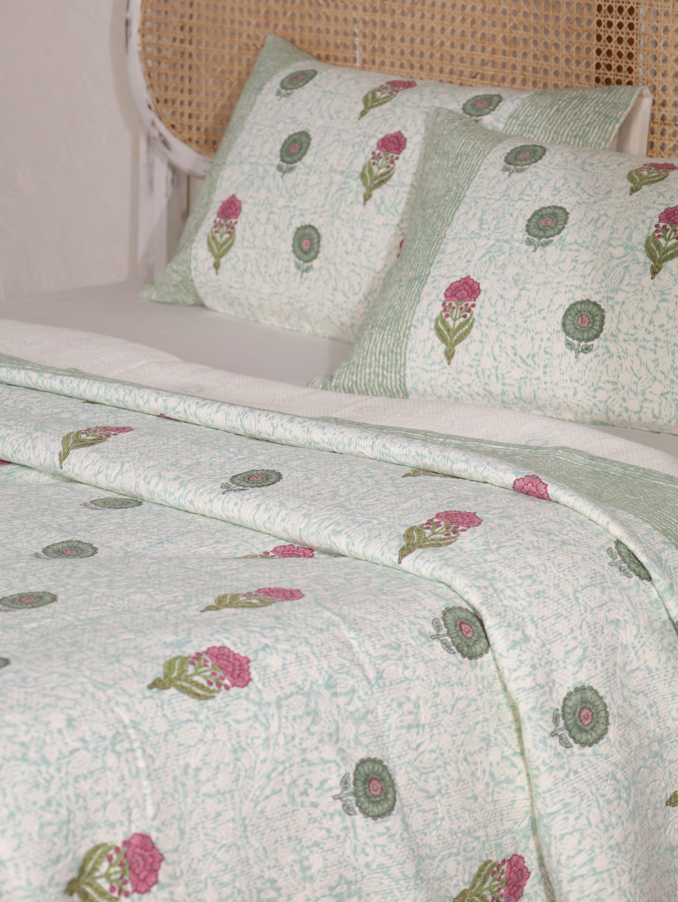 Handmade Jaipur Block Print Duvet Cover - King Size Boho Cotton Bedding with Green Mint Floral