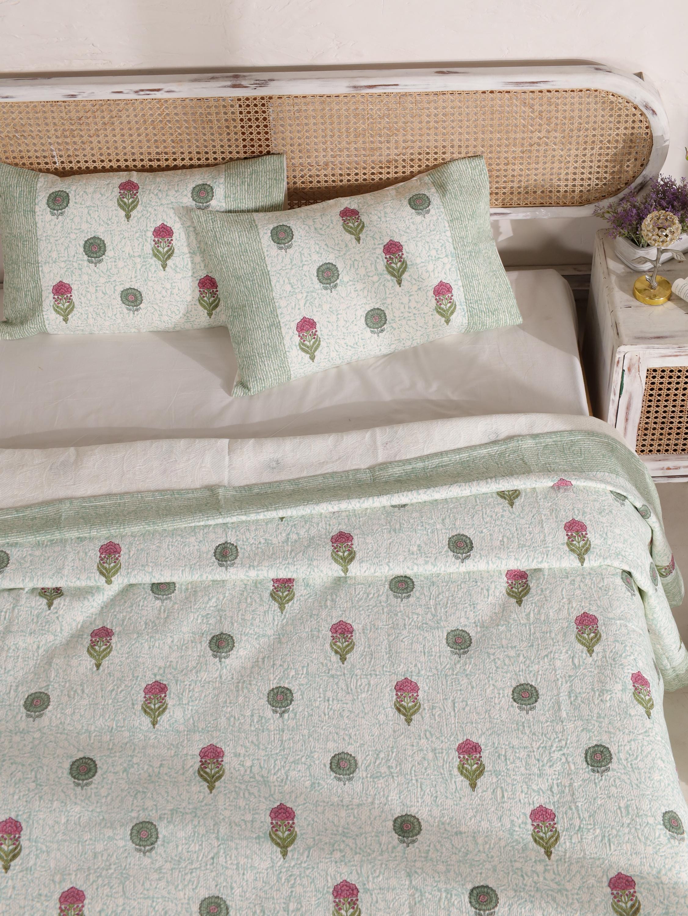 Handmade Jaipur Block Print Duvet Cover - King Size Boho Cotton Bedding with Green Mint Floral