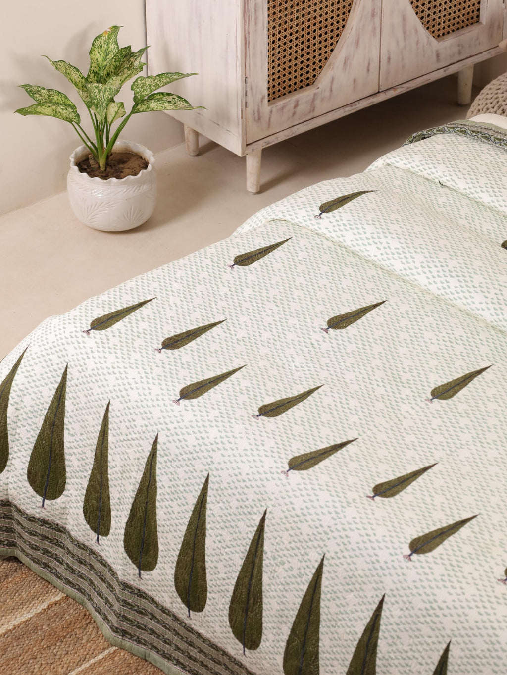 Handmade Jaipur Block Print Duvet Cover - King Size Boho Cotton Bedding Set with Dark Green Botanical