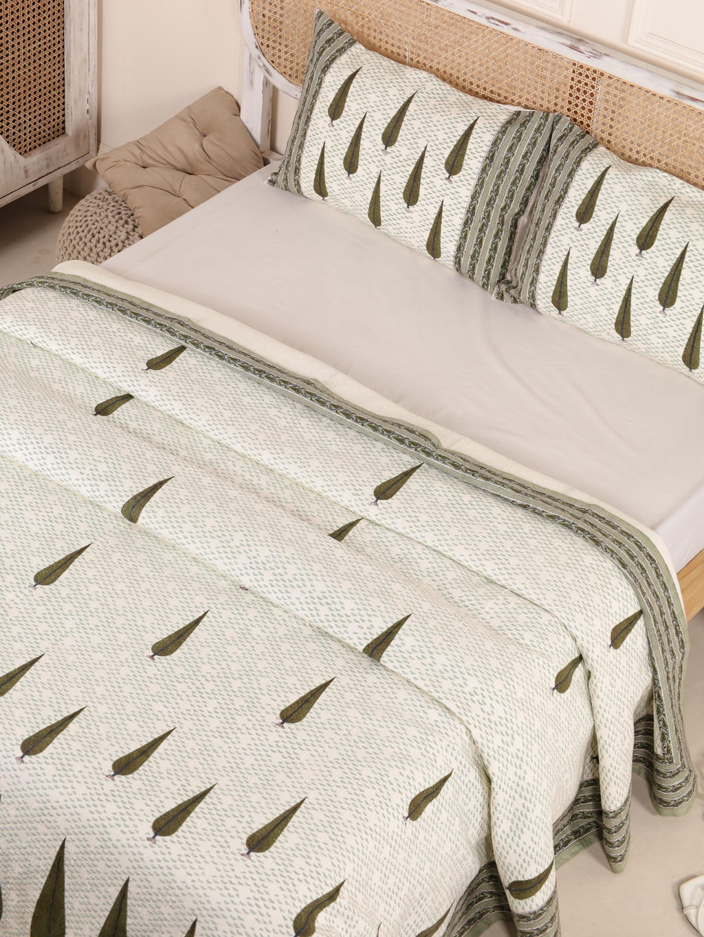 Handmade Jaipur Block Print Duvet Cover - King Size Boho Cotton Bedding Set with Dark Green Botanical