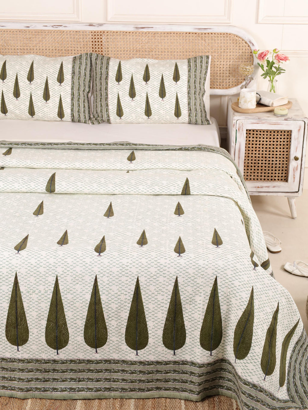Handmade Jaipur Block Print Duvet Cover - King Size Boho Cotton Bedding Set with Dark Green Botanical