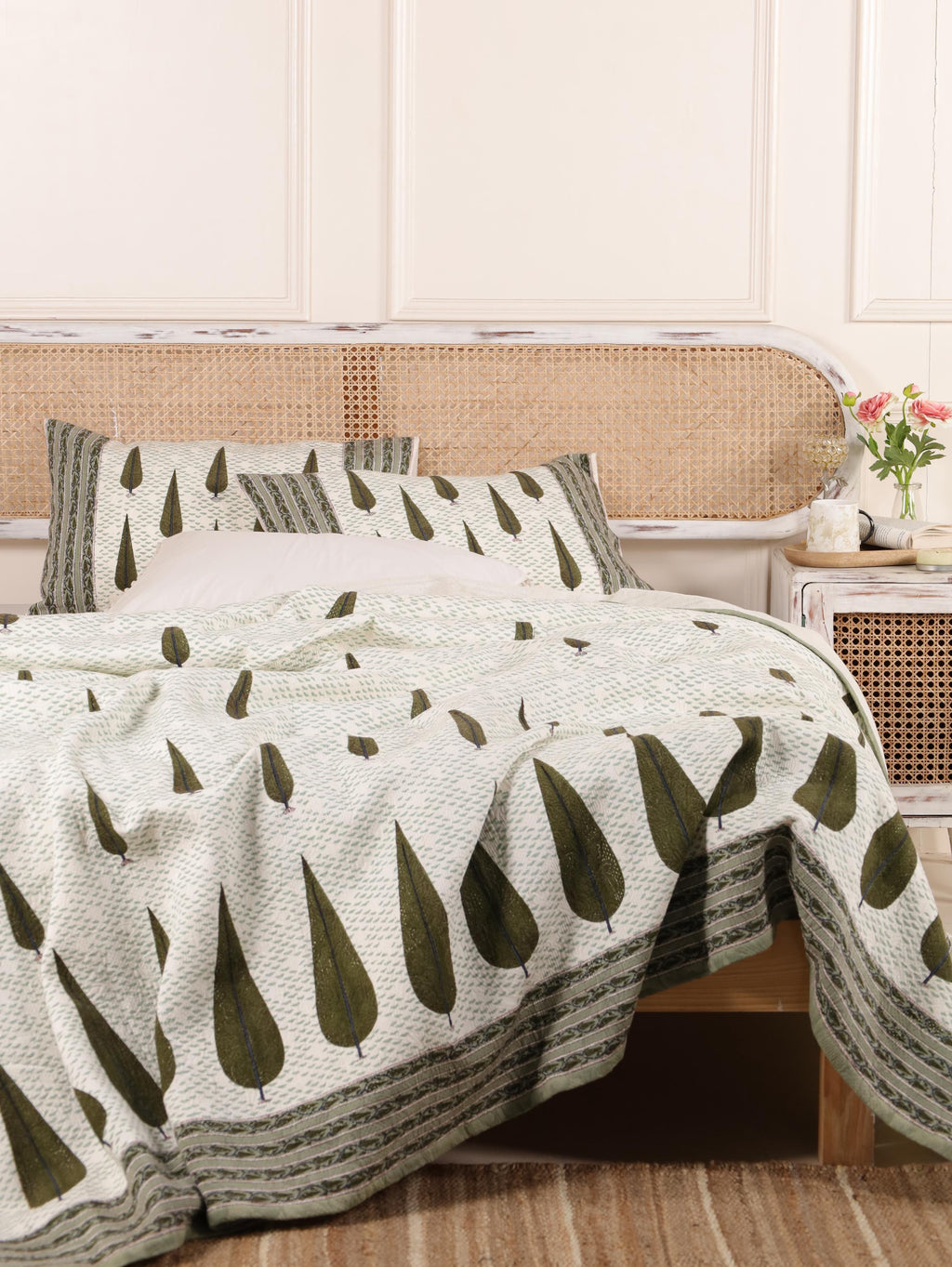 Handmade Jaipur Block Print Duvet Cover - King Size Boho Cotton Bedding Set with Dark Green Botanical