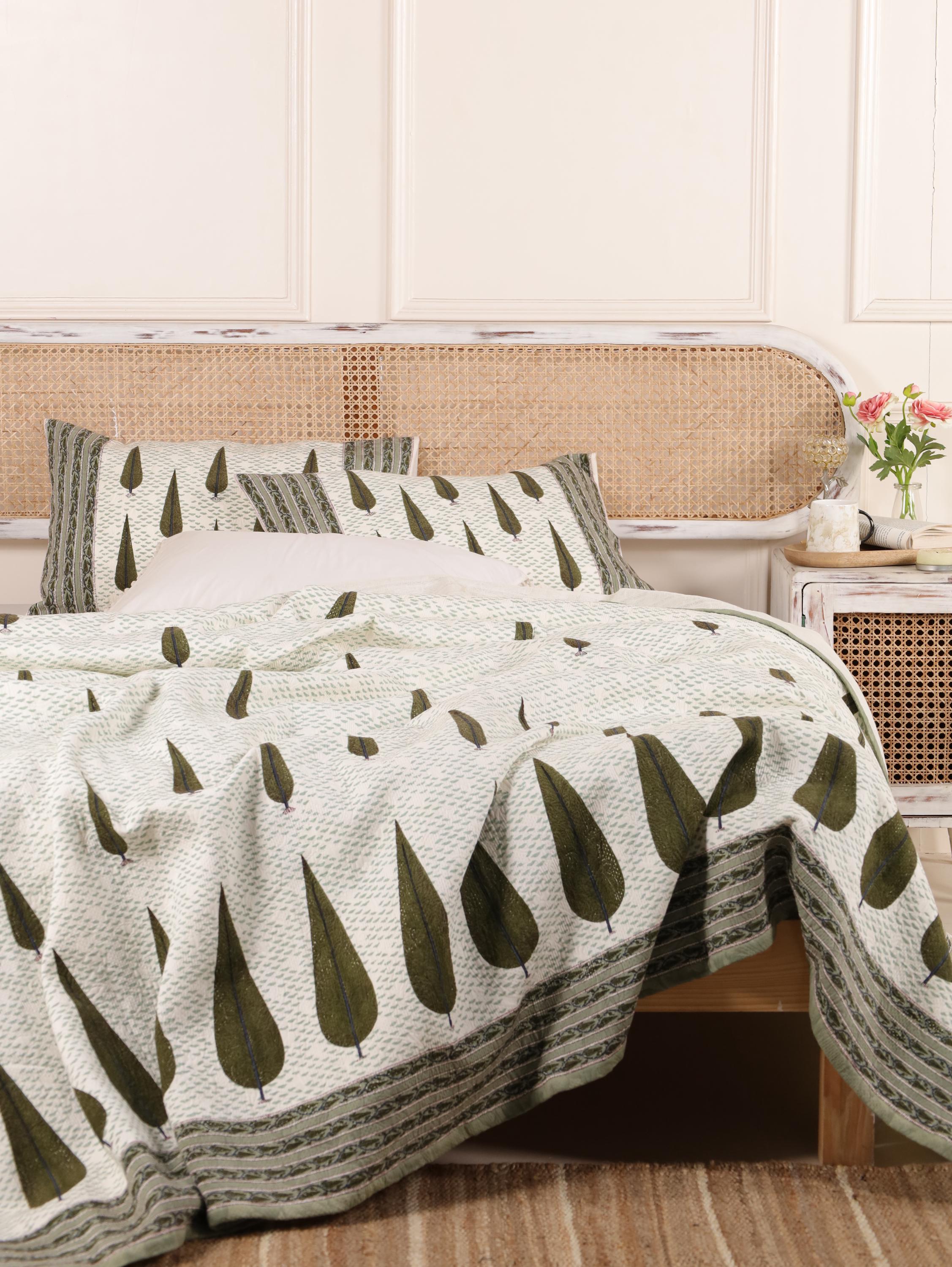 Handmade Jaipur Block Print Duvet Cover - King Size Boho Cotton Bedding Set with Dark Green Botanical