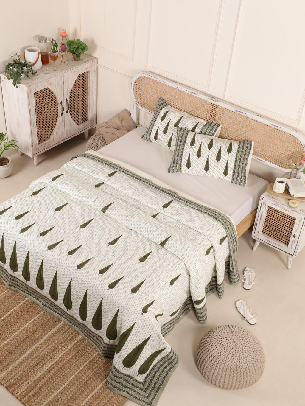 Handmade Jaipur Block Print Duvet Cover - King Size Boho Cotton Bedding Set with Dark Green Botanical