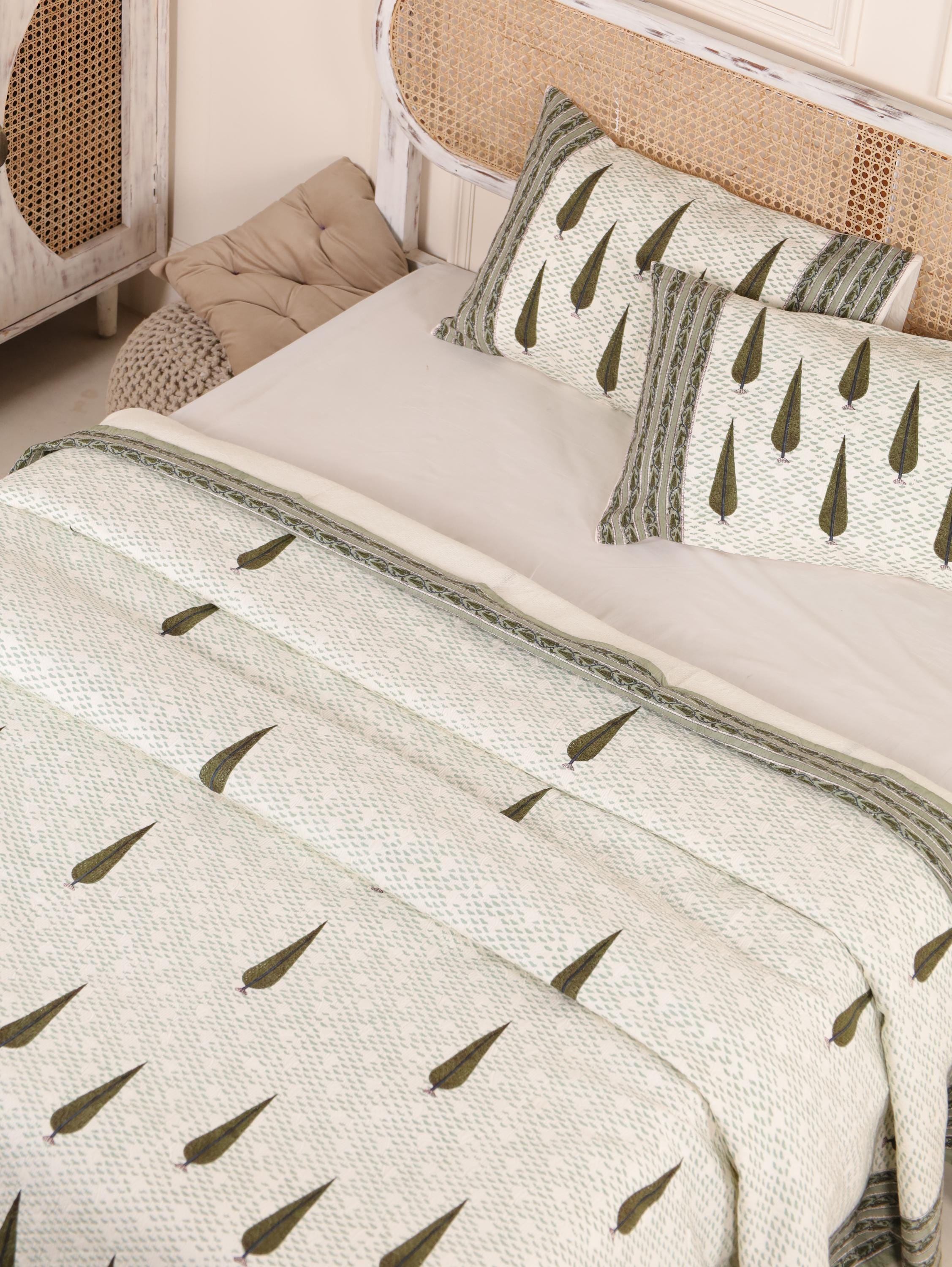 Handmade Jaipur Block Print Duvet Cover - King Size Boho Cotton Bedding Set with Dark Green Botanical