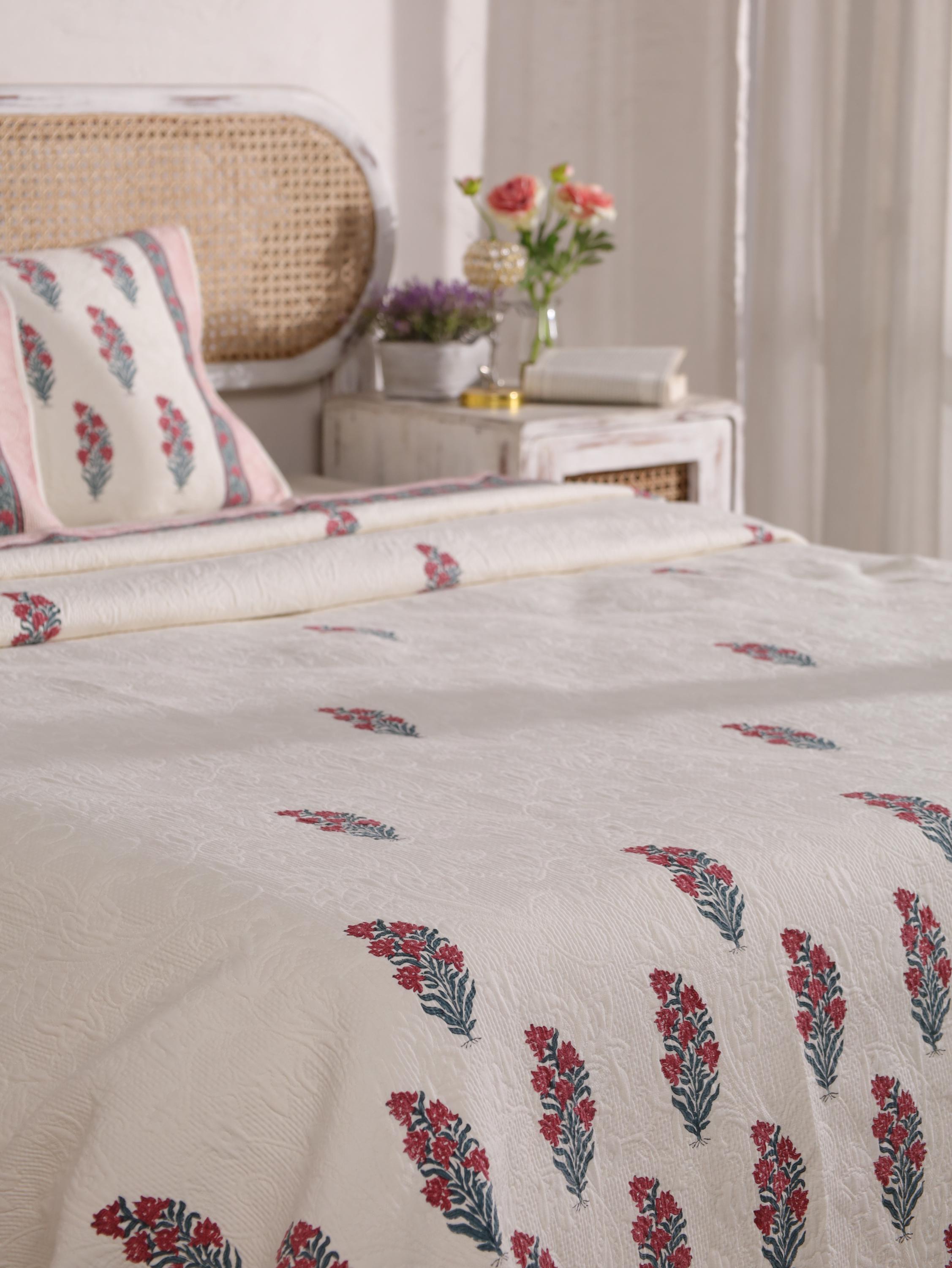 Handmade Jaipur Block Print Duvet Cover - King Size Boho Cotton Bedding Set with Red Pink Botanical