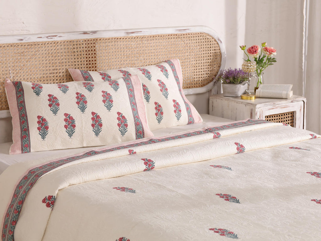 Handmade Jaipur Block Print Duvet Cover - King Size Boho Cotton Bedding Set with Red Pink Botanical