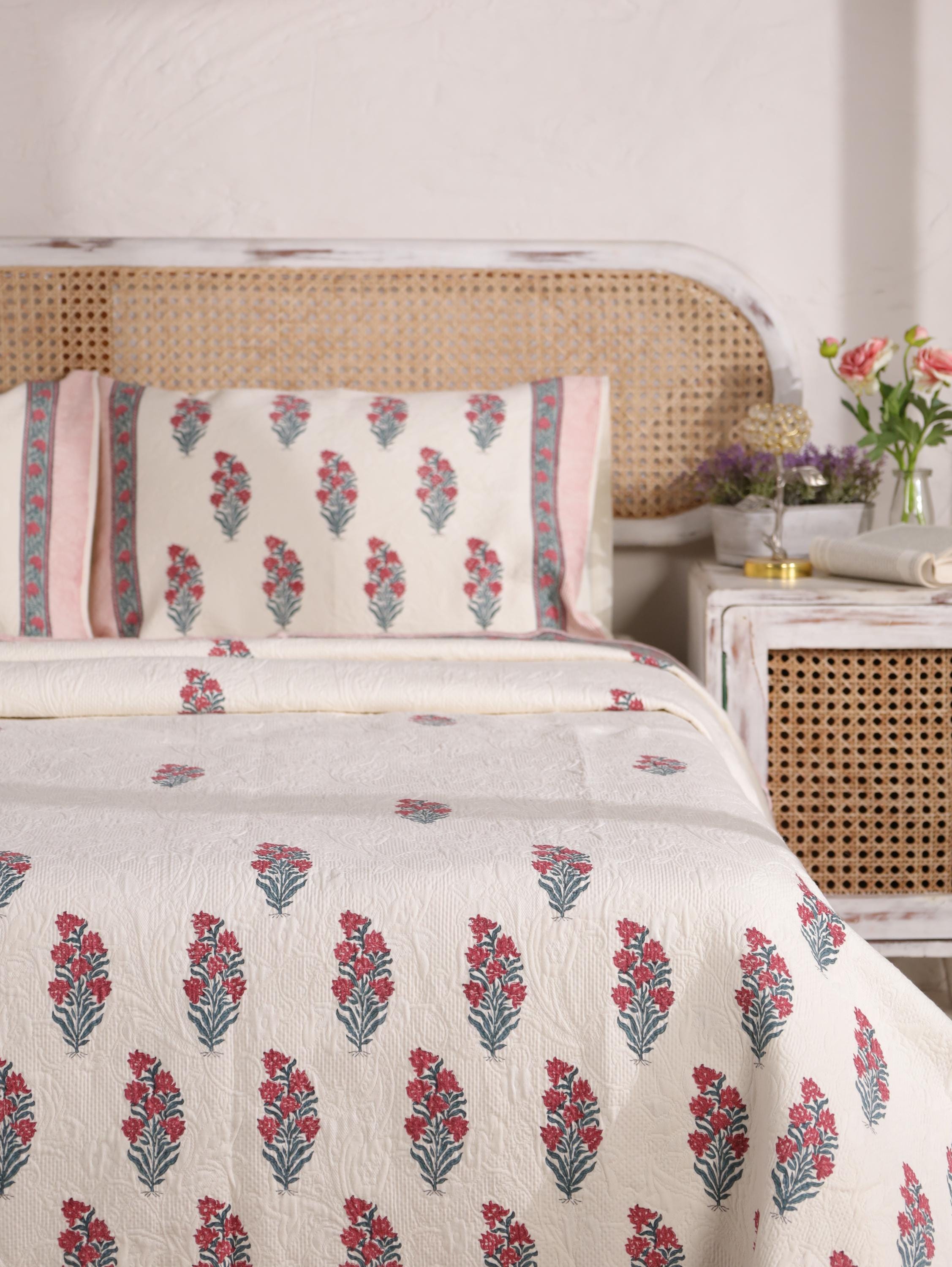 Handmade Jaipur Block Print Duvet Cover - King Size Boho Cotton Bedding Set with Red Pink Botanical