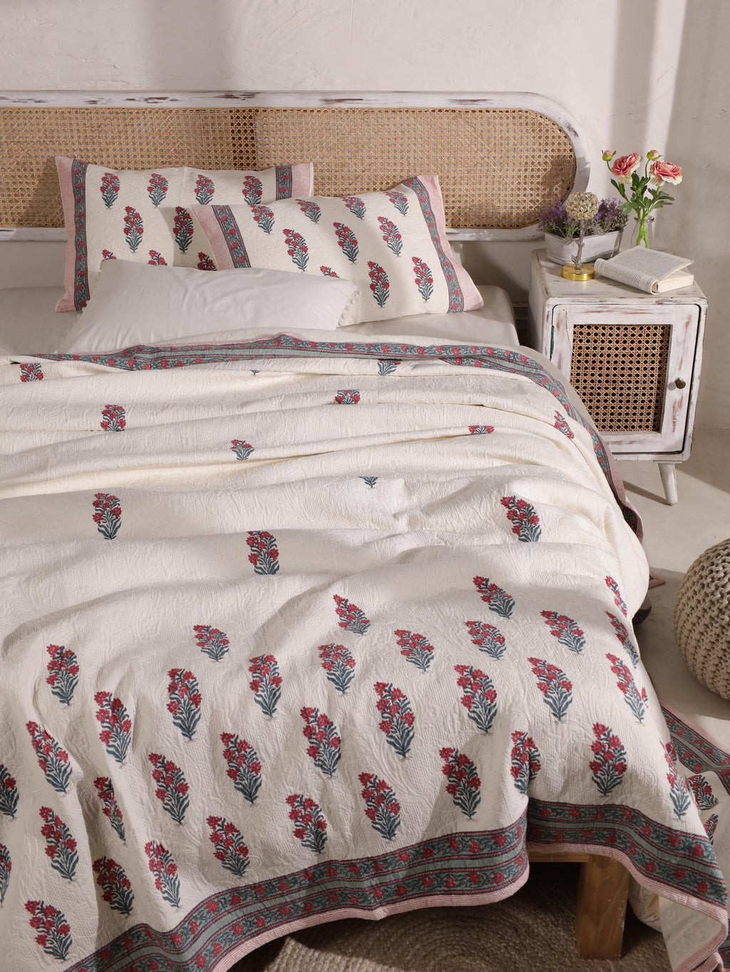 Handmade Jaipur Block Print Duvet Cover - King Size Boho Cotton Bedding Set with Red Pink Botanical
