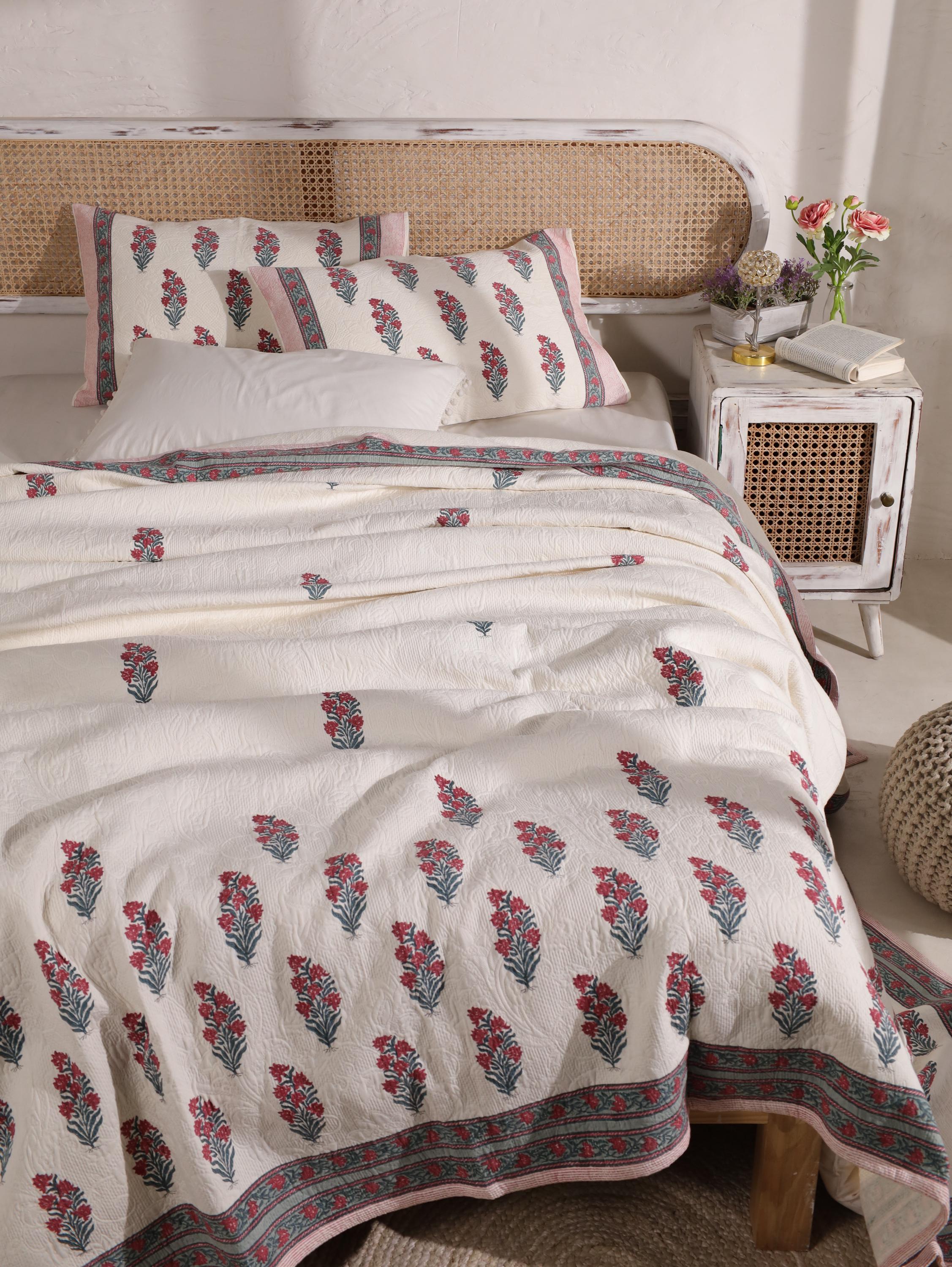 Handmade Jaipur Block Print Duvet Cover - King Size Boho Cotton Bedding Set with Red Pink Botanical