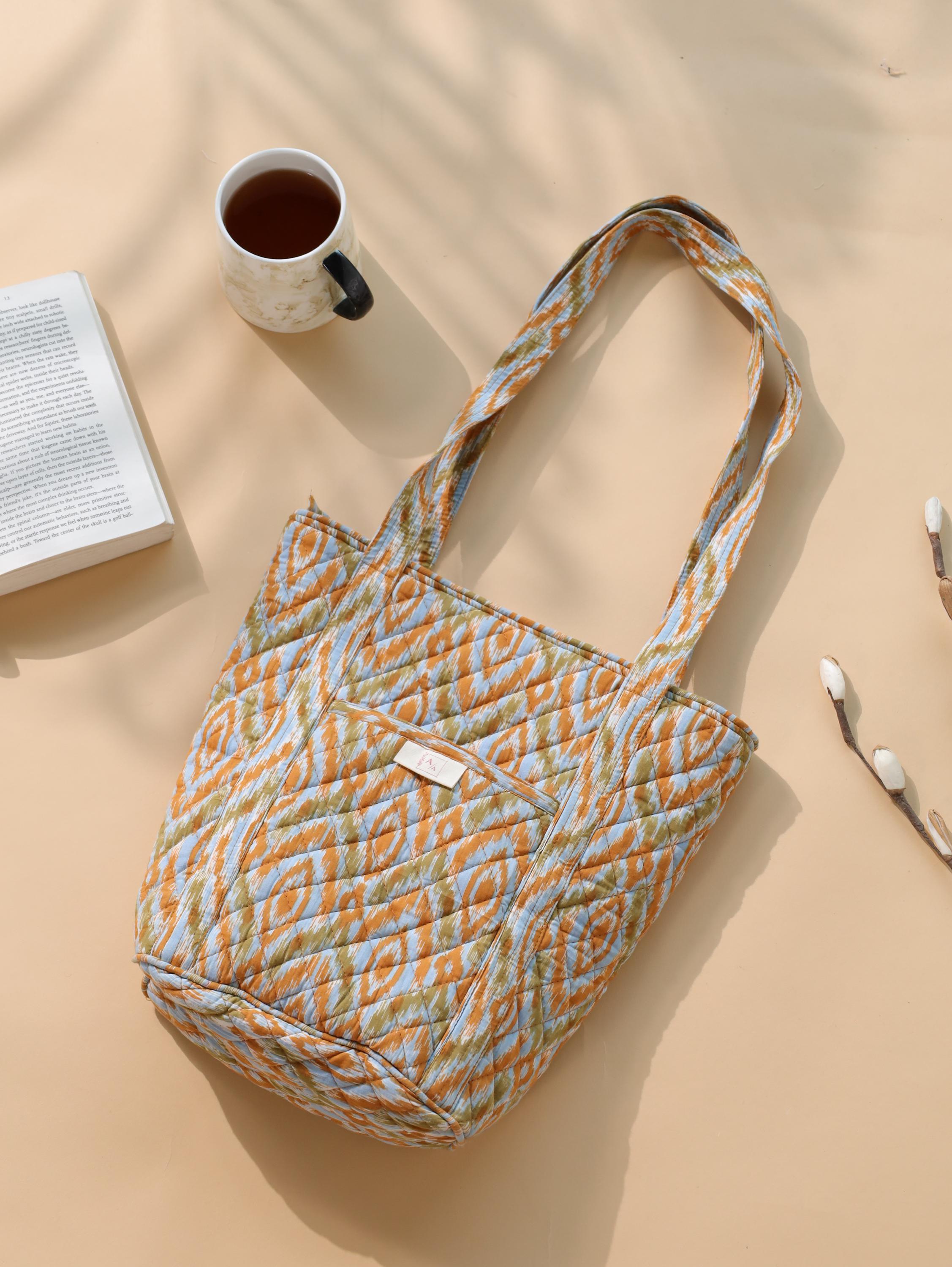 Luxury Handmade Tote Bag - Orange Yellow Geometric Ikat Block Print Sustainable Cotton Shopping Bag