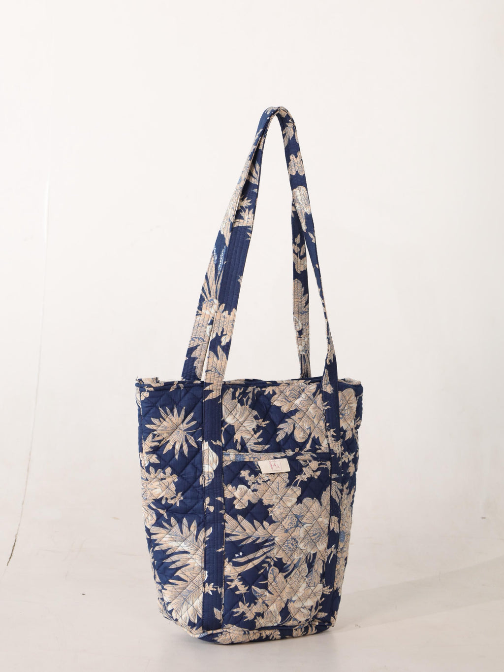 Luxury Handmade Tote Bag - Navy Blue White Floral Block Print Sustainable Cotton Shopping Bag