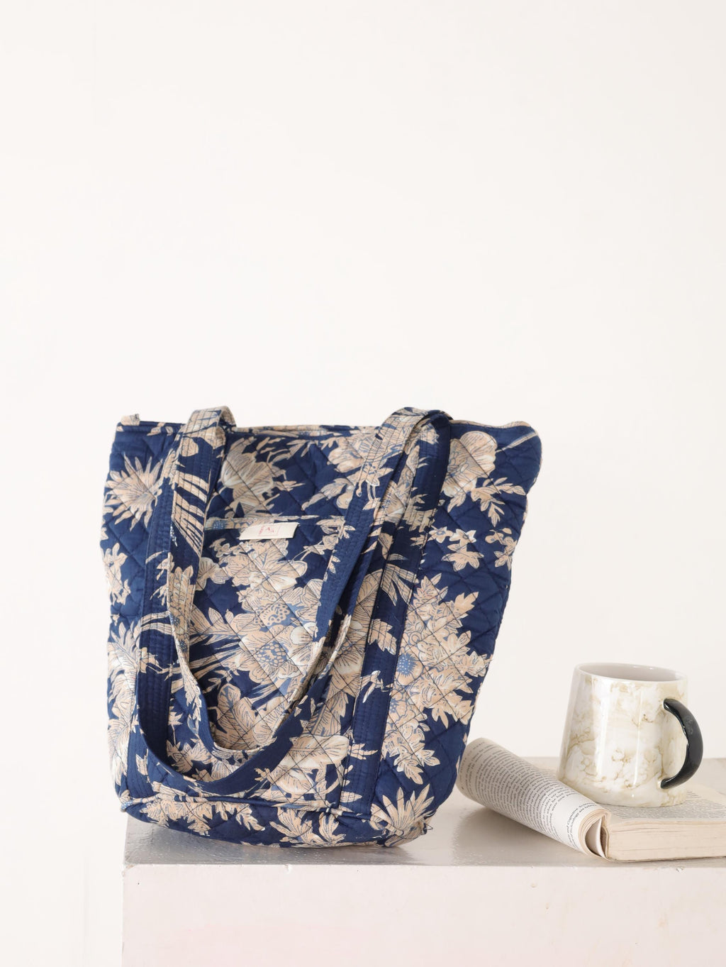 Luxury Handmade Tote Bag - Navy Blue White Floral Block Print Sustainable Cotton Shopping Bag