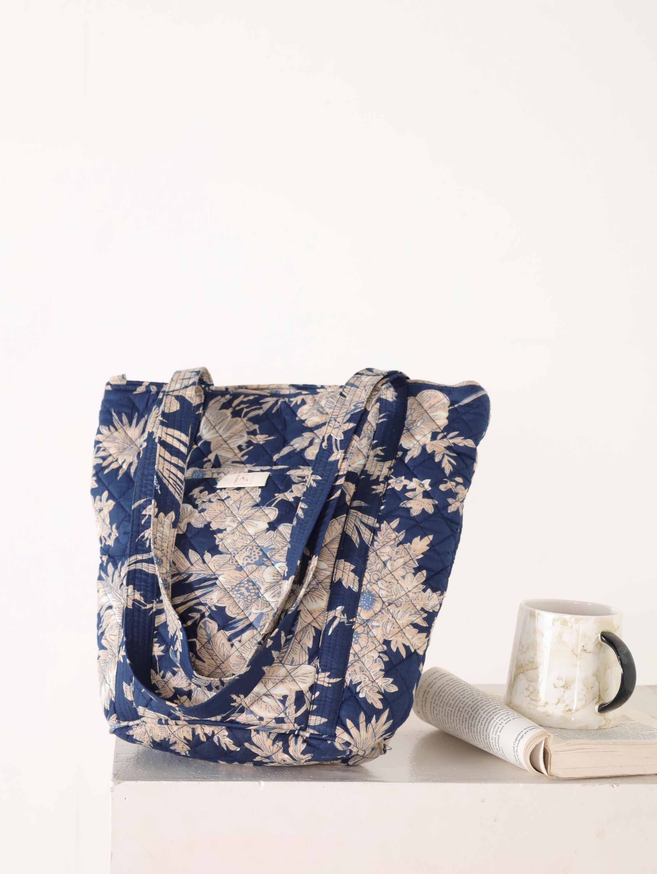Luxury Handmade Tote Bag - Navy Blue White Floral Block Print Sustainable Cotton Shopping Bag