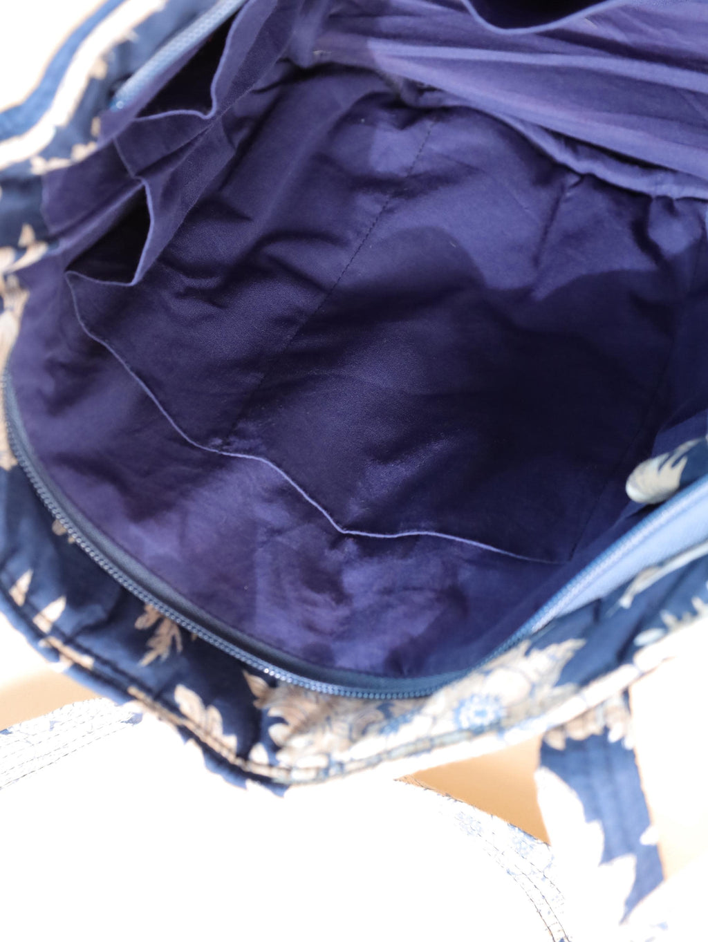 Luxury Handmade Tote Bag - Navy Blue White Floral Block Print Sustainable Cotton Shopping Bag