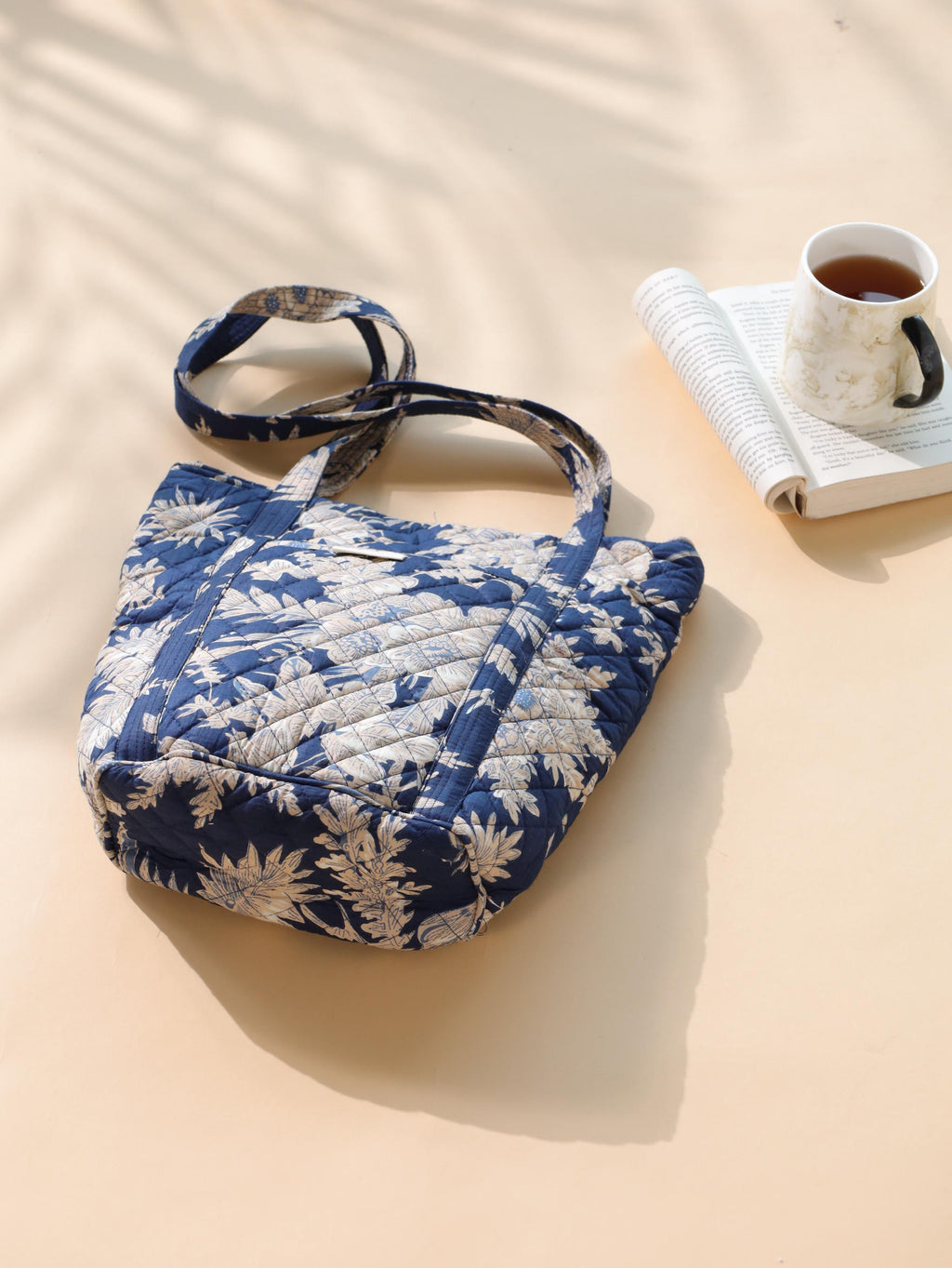 Luxury Handmade Tote Bag - Navy Blue White Floral Block Print Sustainable Cotton Shopping Bag