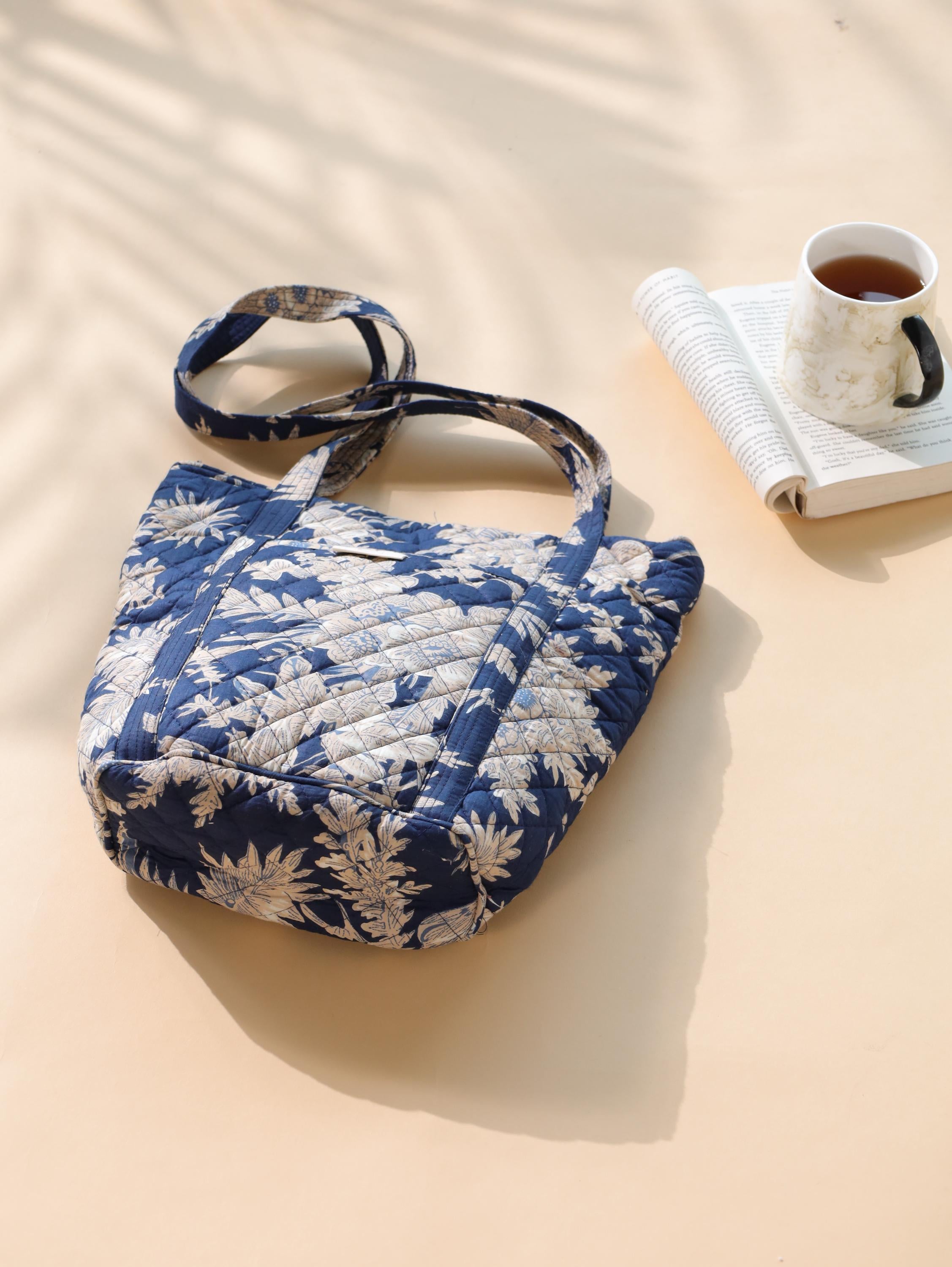 Luxury Handmade Tote Bag - Navy Blue White Floral Block Print Sustainable Cotton Shopping Bag