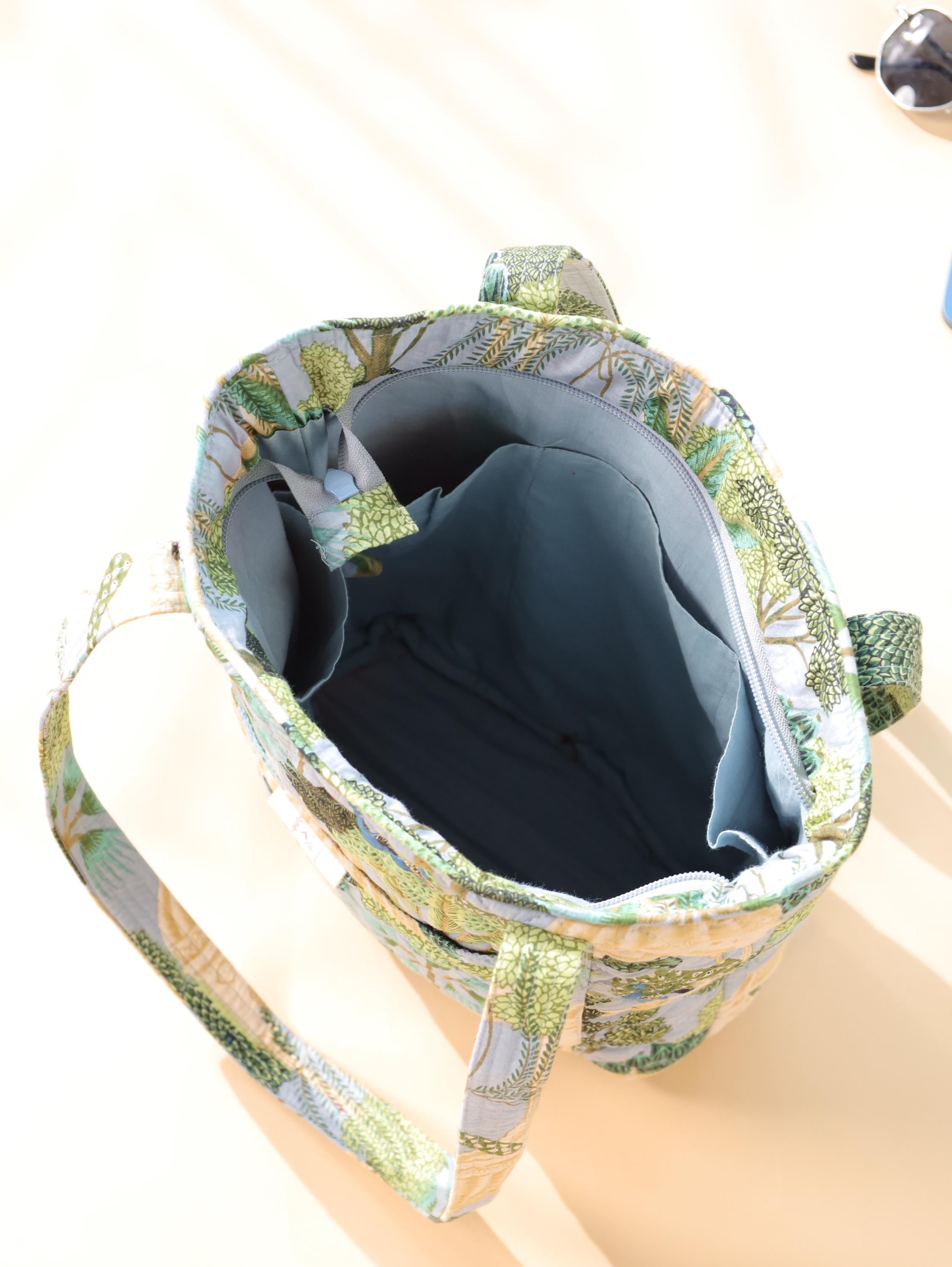 Luxury Handmade Tote Bag - Green Teal Cactus Floral Block Print Sustainable Cotton Shopping Bag