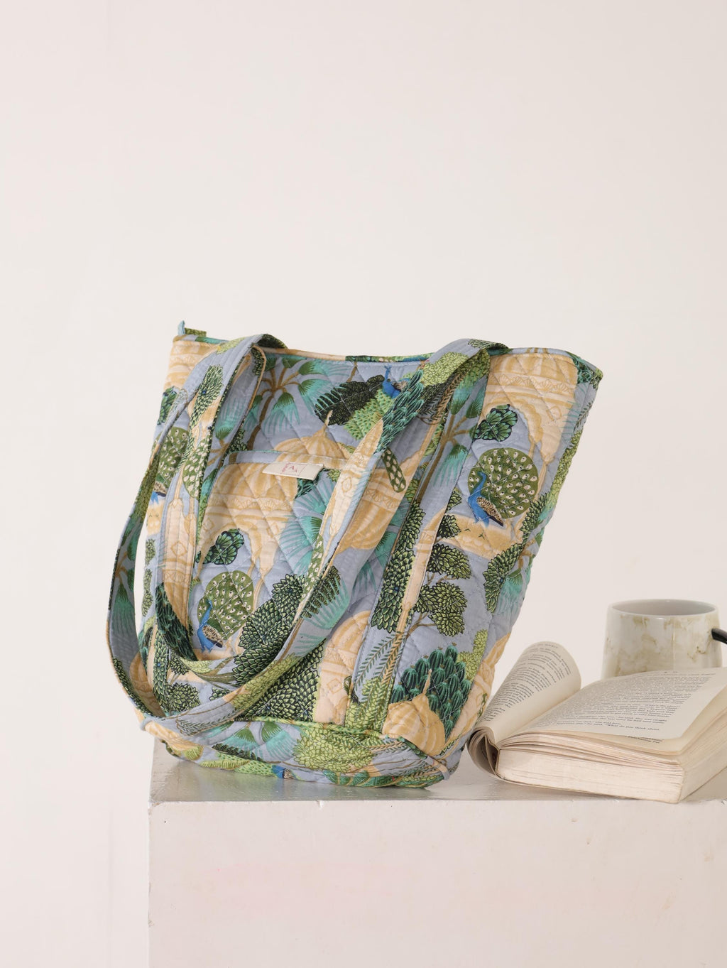 Luxury Handmade Tote Bag - Green Teal Cactus Floral Block Print Sustainable Cotton Shopping Bag