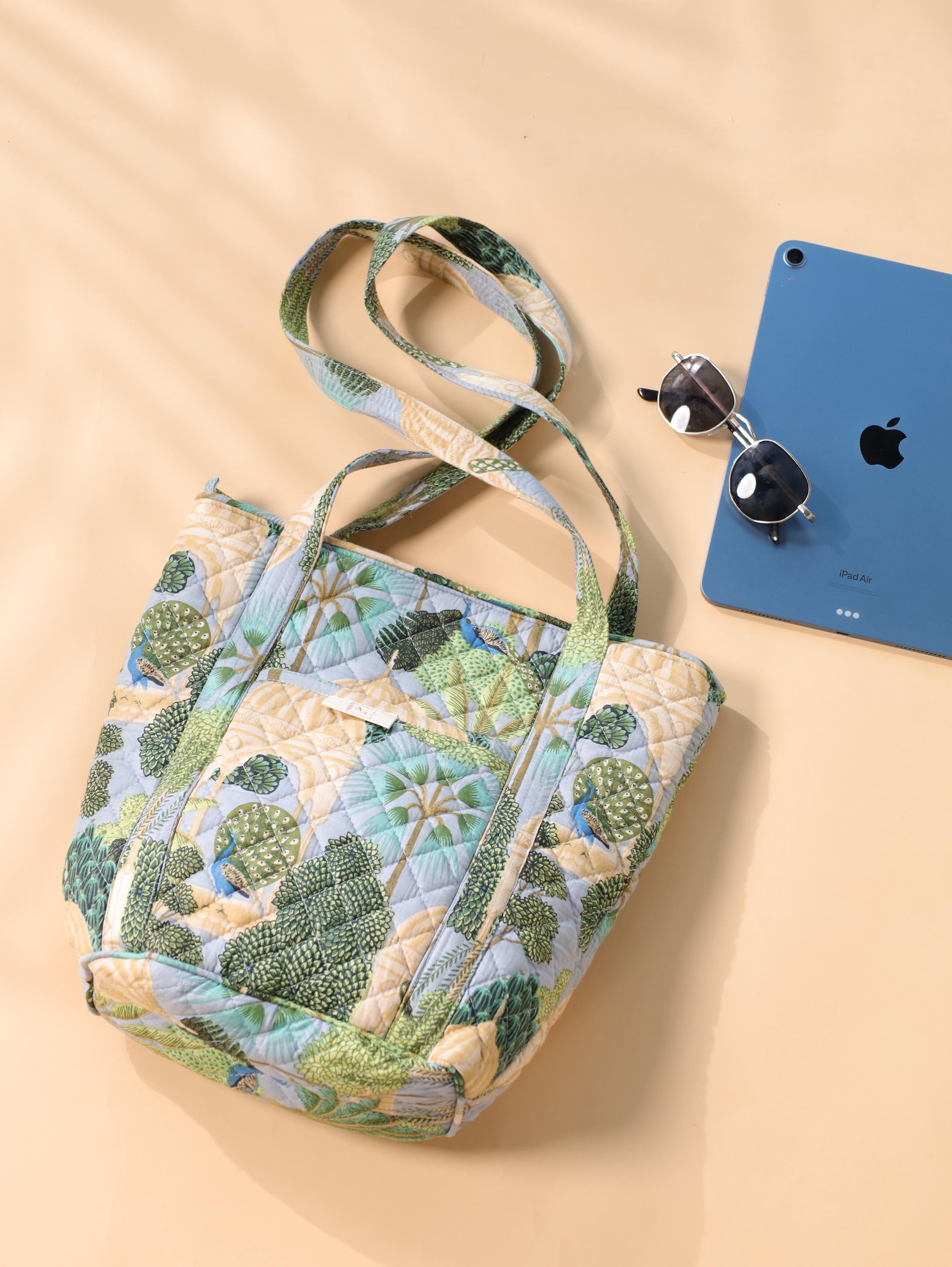 Luxury Handmade Tote Bag - Green Teal Cactus Floral Block Print Sustainable Cotton Shopping Bag