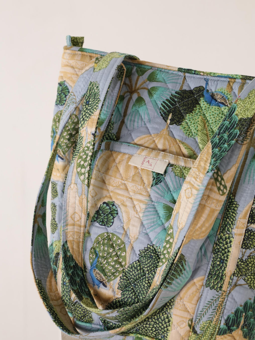 Luxury Handmade Tote Bag - Green Teal Cactus Floral Block Print Sustainable Cotton Shopping Bag