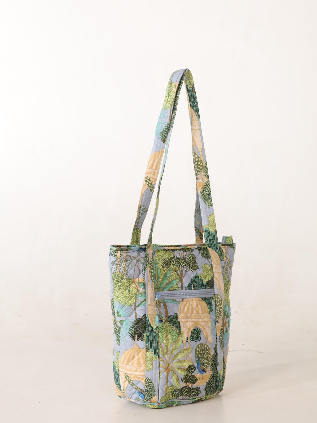 Luxury Handmade Tote Bag - Green Teal Cactus Floral Block Print Sustainable Cotton Shopping Bag