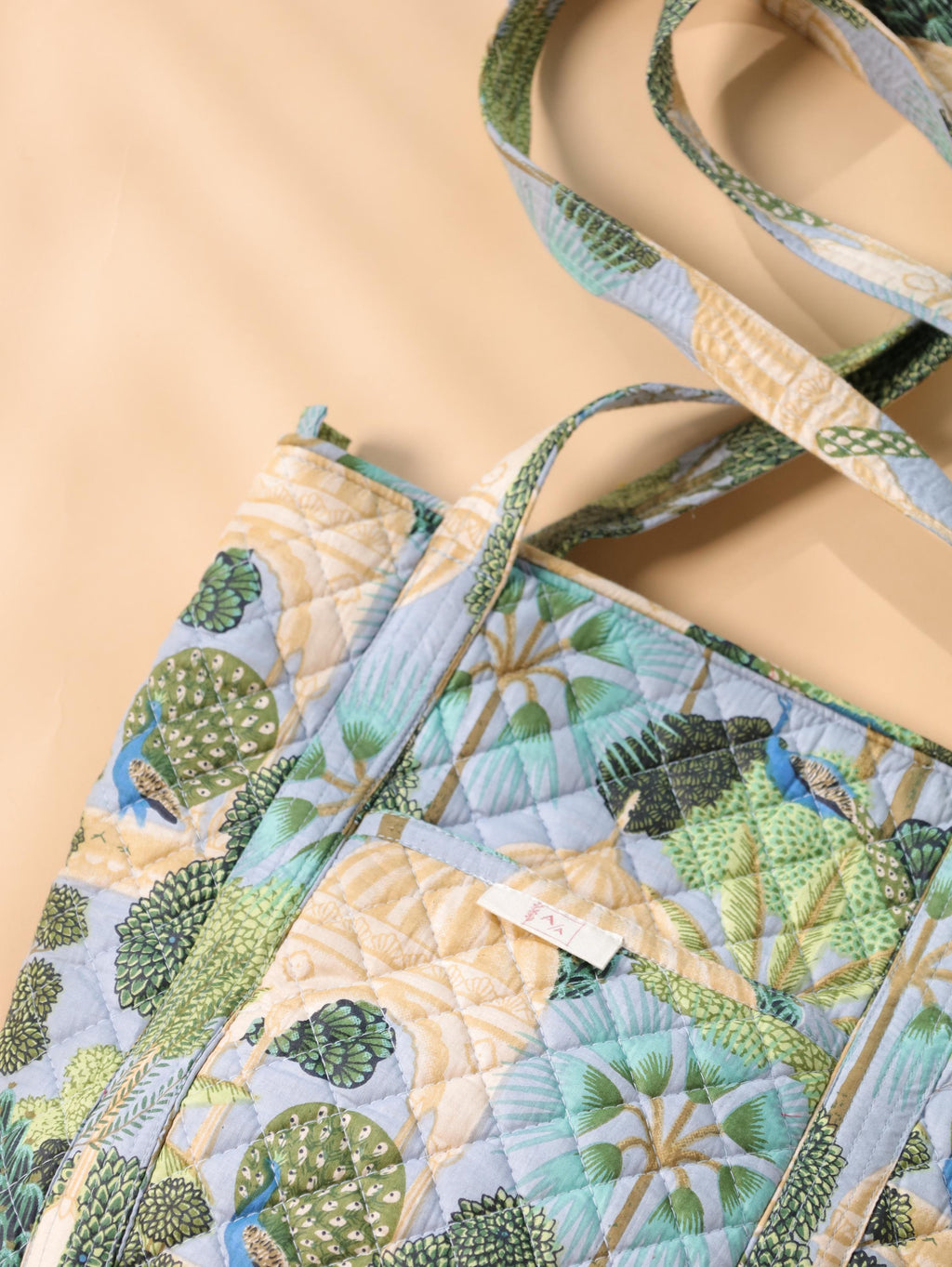 Luxury Handmade Tote Bag - Green Teal Cactus Floral Block Print Sustainable Cotton Shopping Bag
