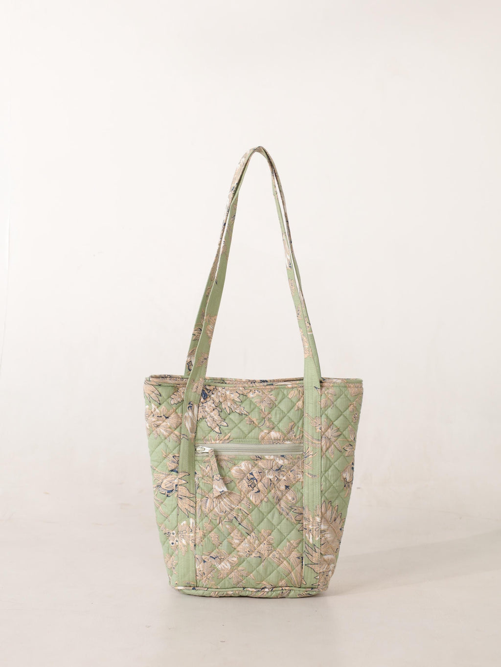 Luxury Handmade Tote Bag - Light Green Sage Quilted Floral Block Print Sustainable Cotton Shopping Bag