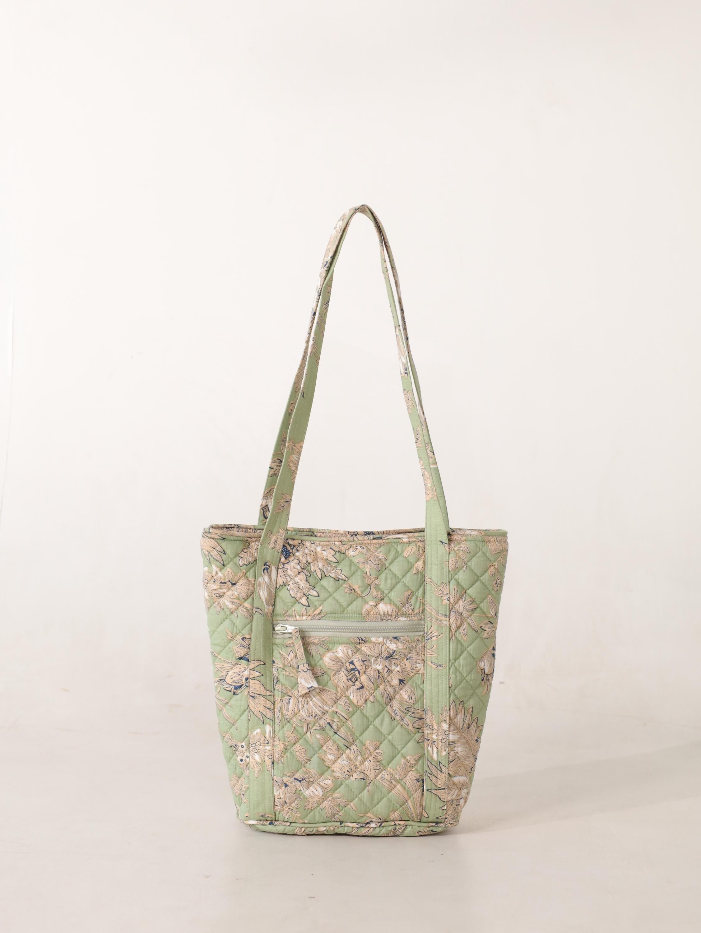 Luxury Handmade Tote Bag - Light Green Sage Quilted Floral Block Print Sustainable Cotton Shopping Bag