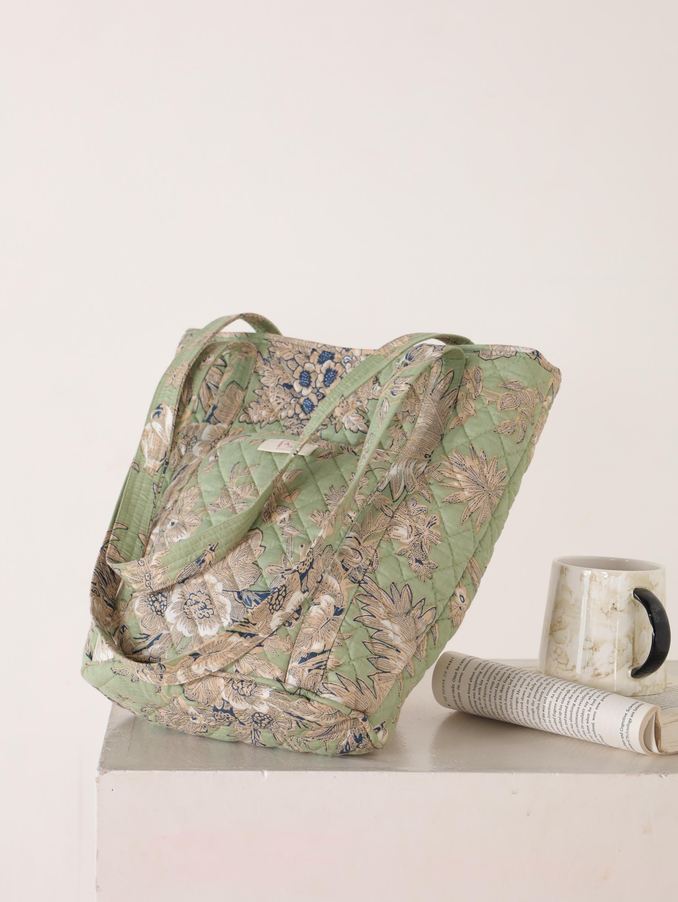 Luxury Handmade Tote Bag - Light Green Sage Quilted Floral Block Print Sustainable Cotton Shopping Bag