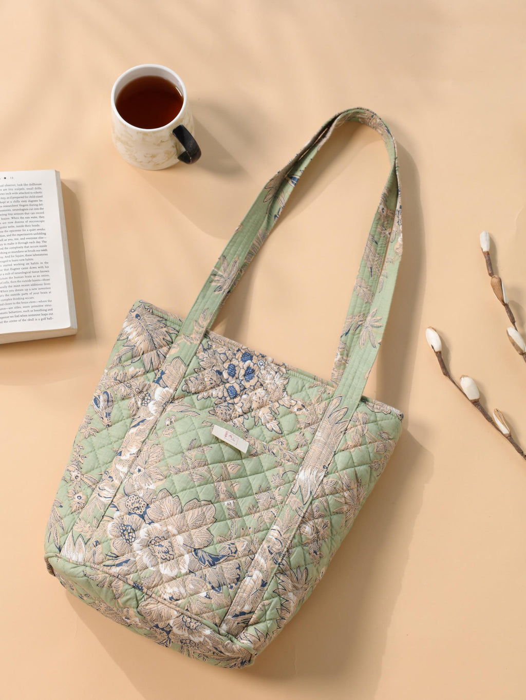 Luxury Handmade Tote Bag - Light Green Sage Quilted Floral Block Print Sustainable Cotton Shopping Bag