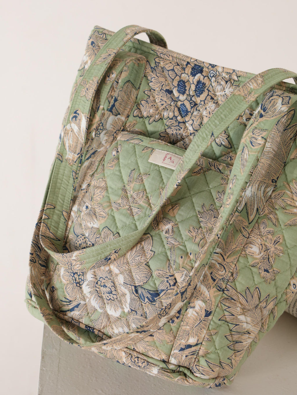 Luxury Handmade Tote Bag - Light Green Sage Quilted Floral Block Print Sustainable Cotton Shopping Bag