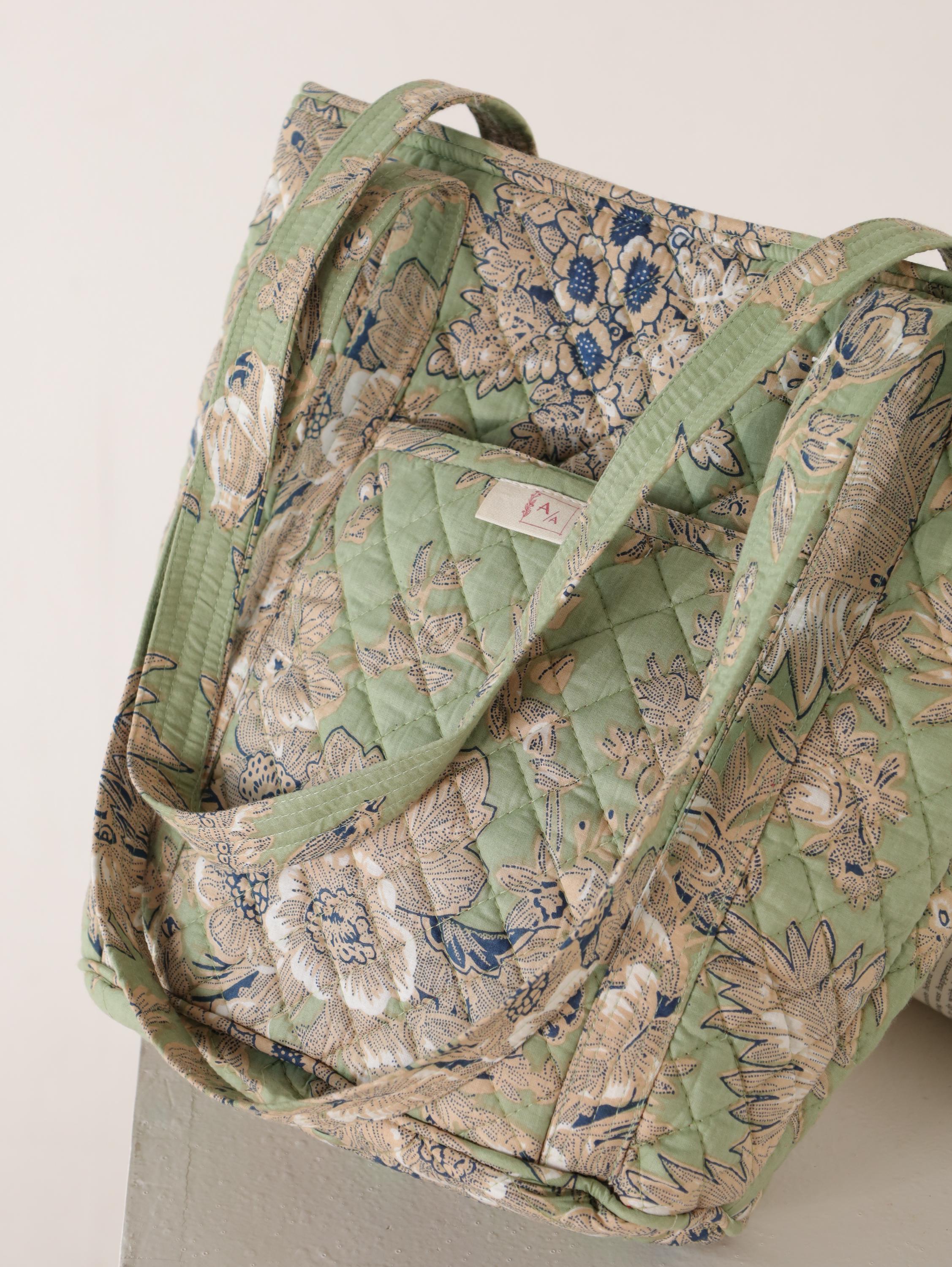 Luxury Handmade Tote Bag - Light Green Sage Quilted Floral Block Print Sustainable Cotton Shopping Bag