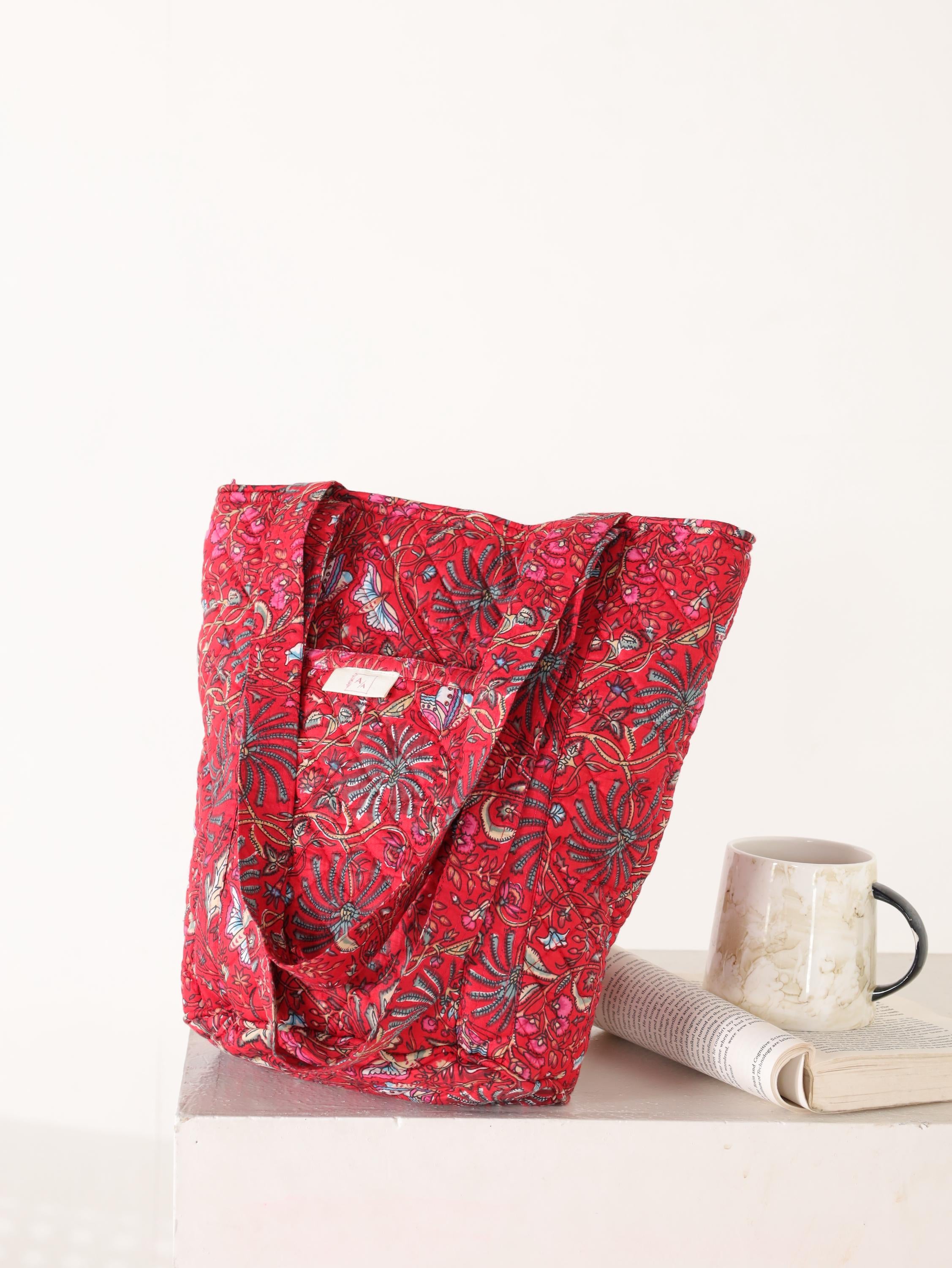 Luxury Handmade Tote Bag - Red Floral Block Print Sustainable Cotton Shopping Bag