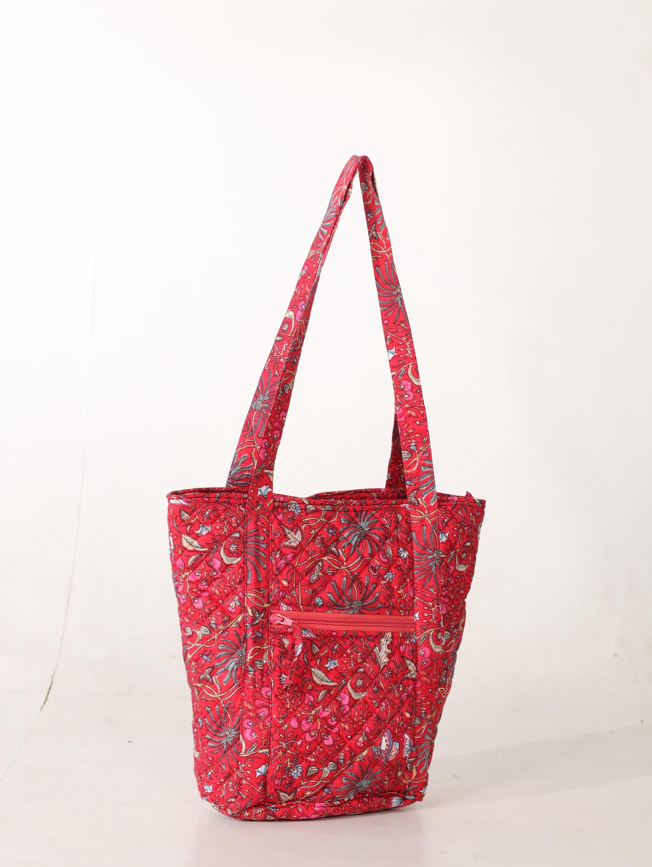 Luxury Handmade Tote Bag - Red Floral Block Print Sustainable Cotton Shopping Bag