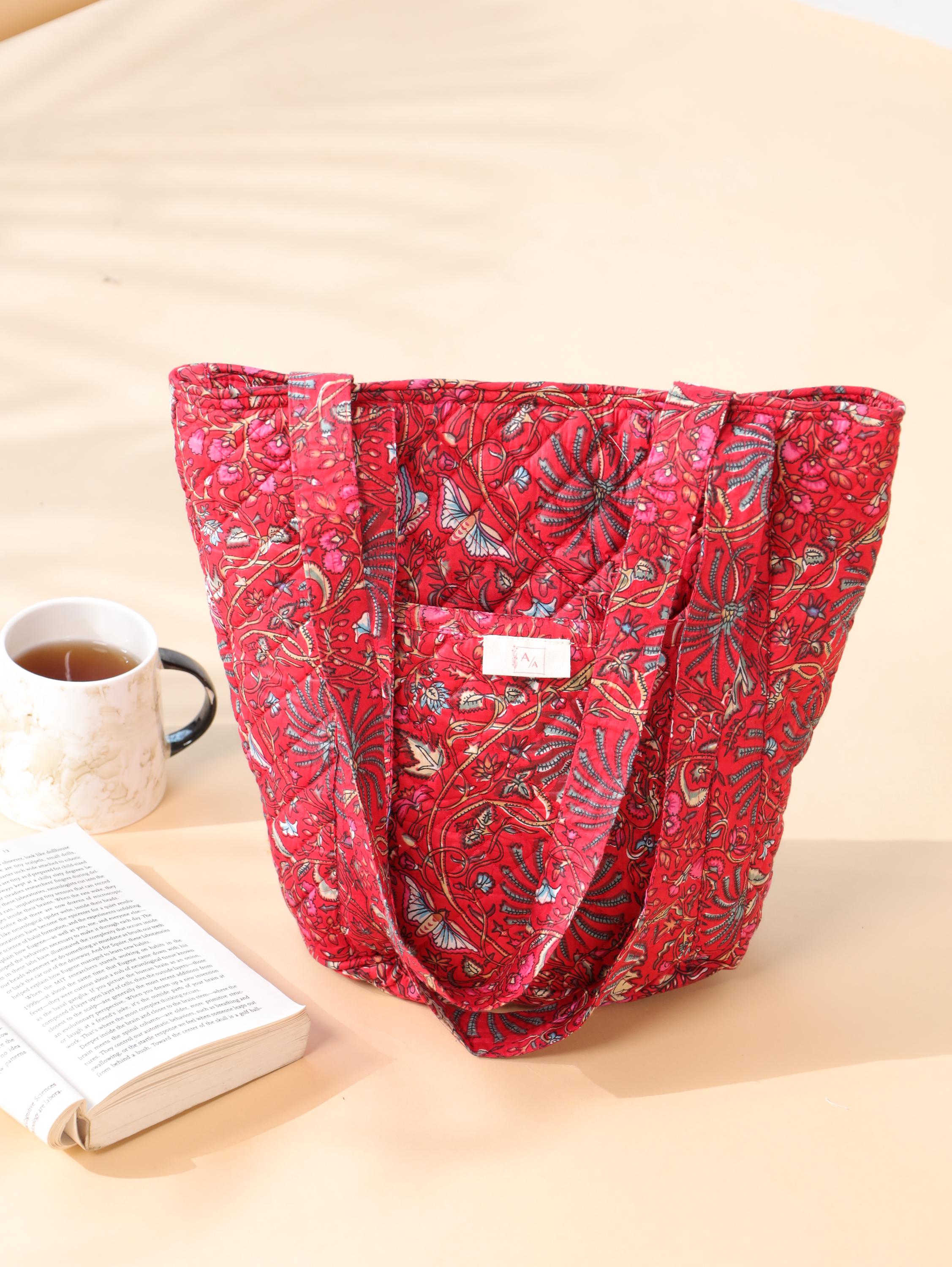 Luxury Handmade Tote Bag - Red Floral Block Print Sustainable Cotton Shopping Bag