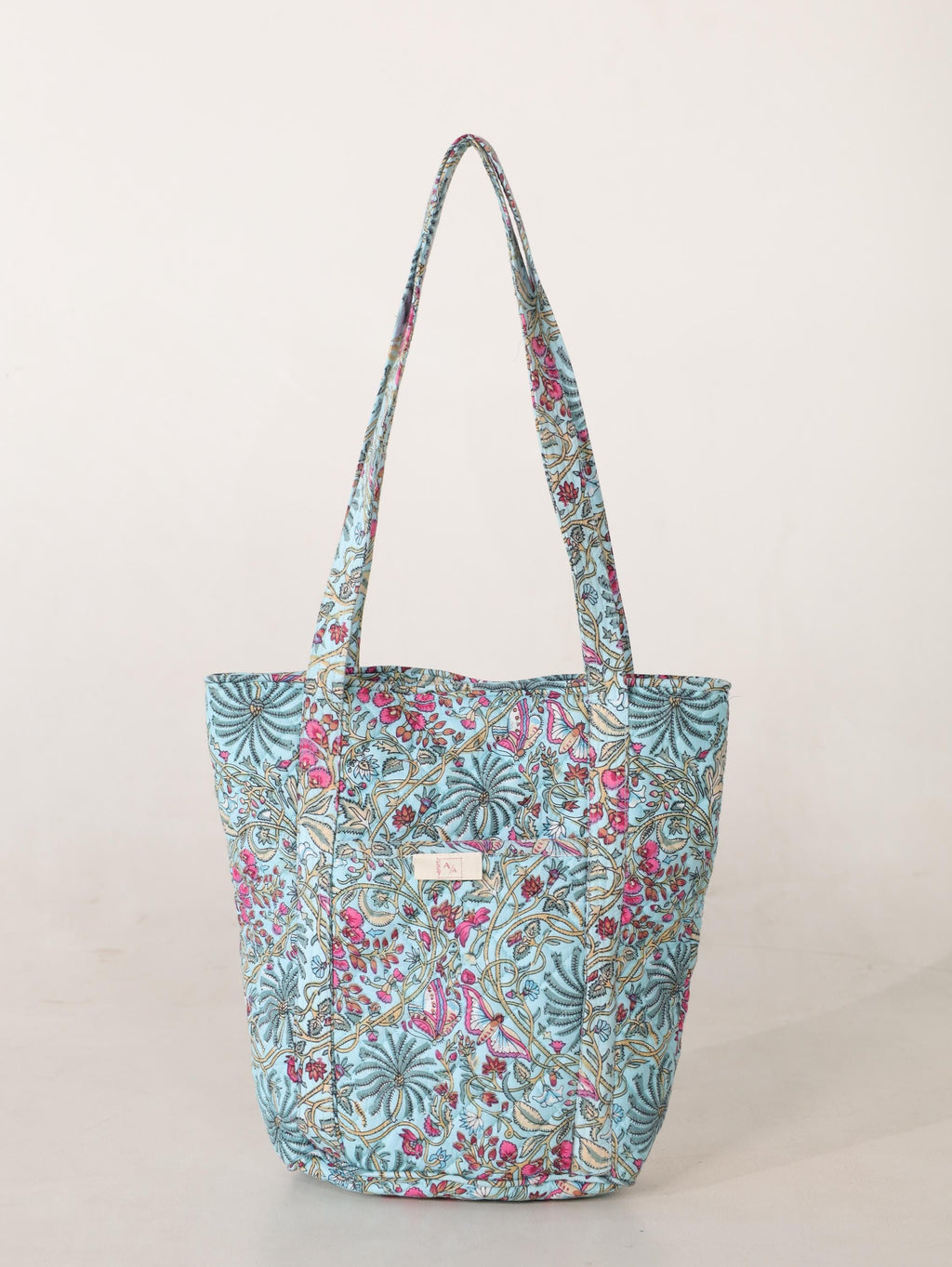 Luxury Handmade Tote Bag - Aqua Teal Pink Floral Block Print Sustainable Cotton Shopping Bag