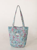 Luxury Handmade Tote Bag - Aqua Teal Pink Floral Block Print Sustainable Cotton Shopping Bag