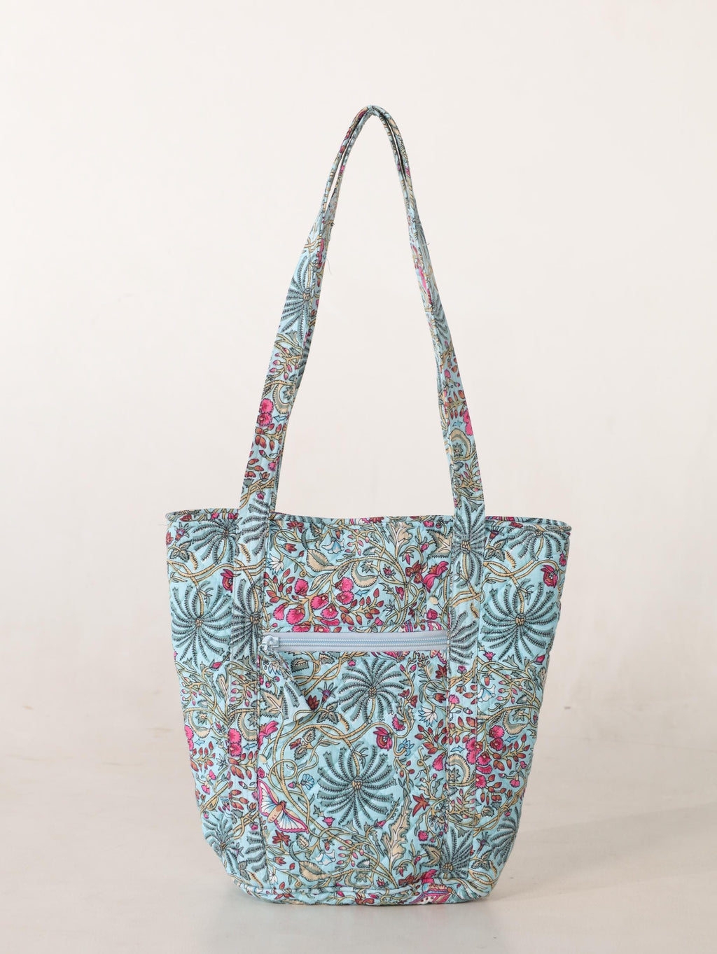 Luxury Handmade Tote Bag - Aqua Teal Pink Floral Block Print Sustainable Cotton Shopping Bag