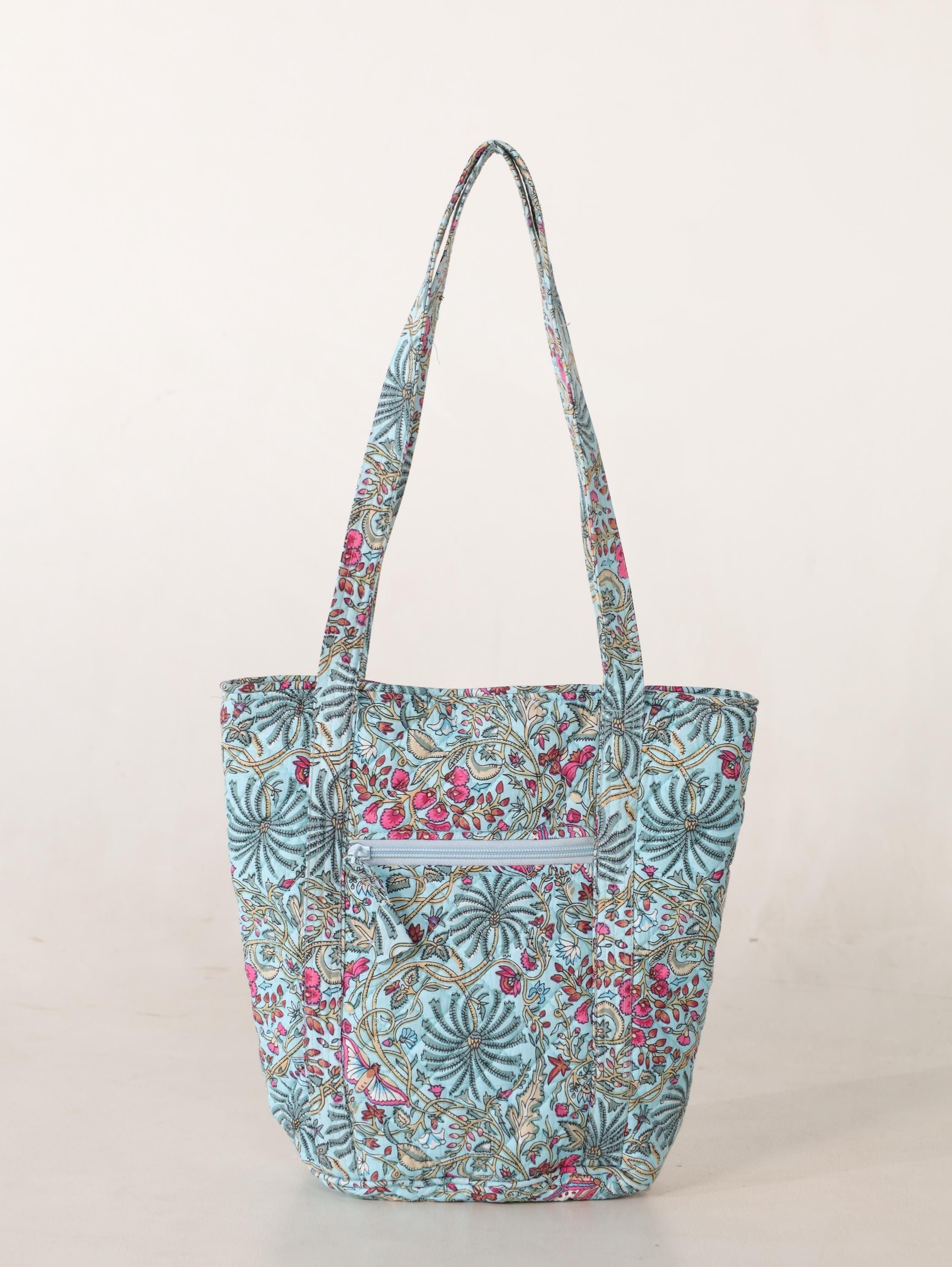 Luxury Handmade Tote Bag - Aqua Teal Pink Floral Block Print Sustainable Cotton Shopping Bag